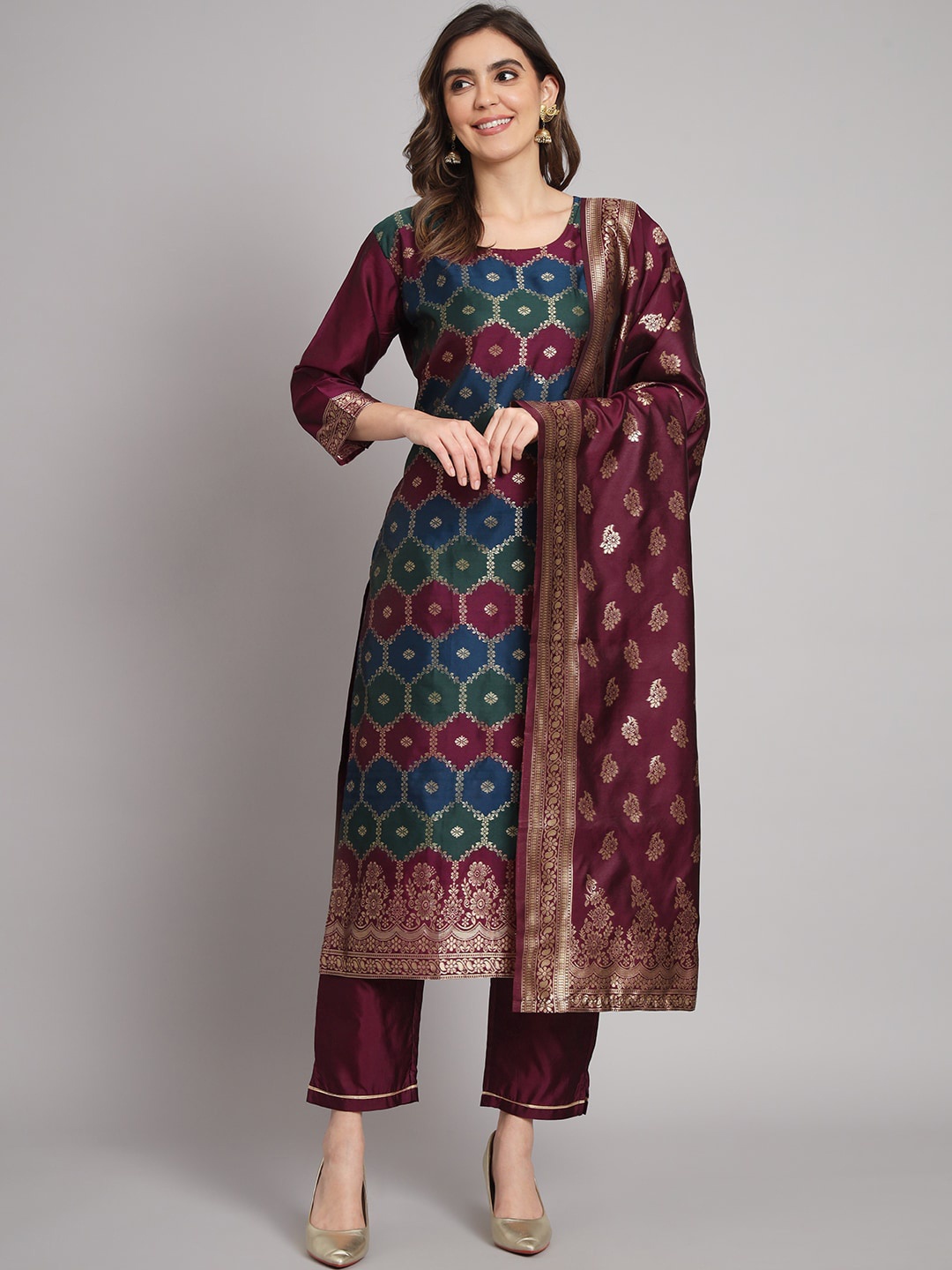 

KALINI Ethnic Motifs Woven Design Kurta With Trousers & Dupatta, Purple