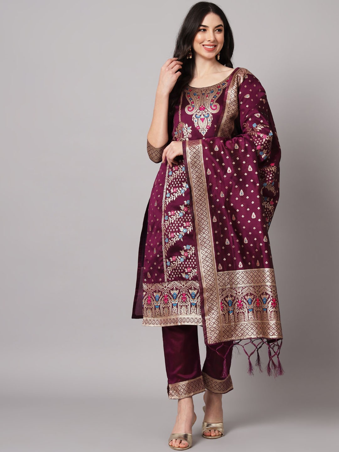 

KALINI Ethnic Motifs Woven Design Kurta With Trousers & Dupatta, Purple