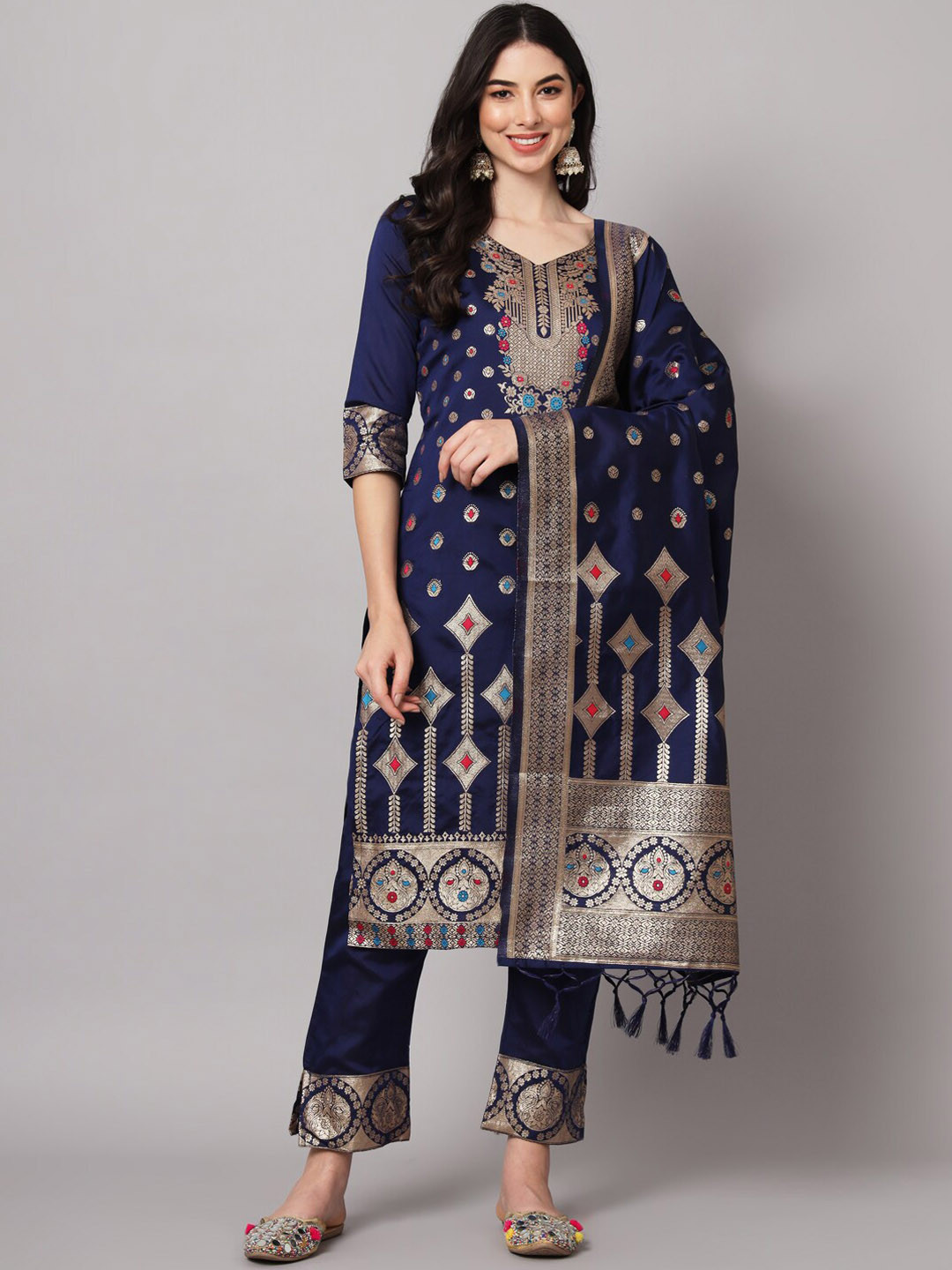 

KALINI Ethnic Motifs Woven Design Kurta With Trousers & Dupatta, Blue