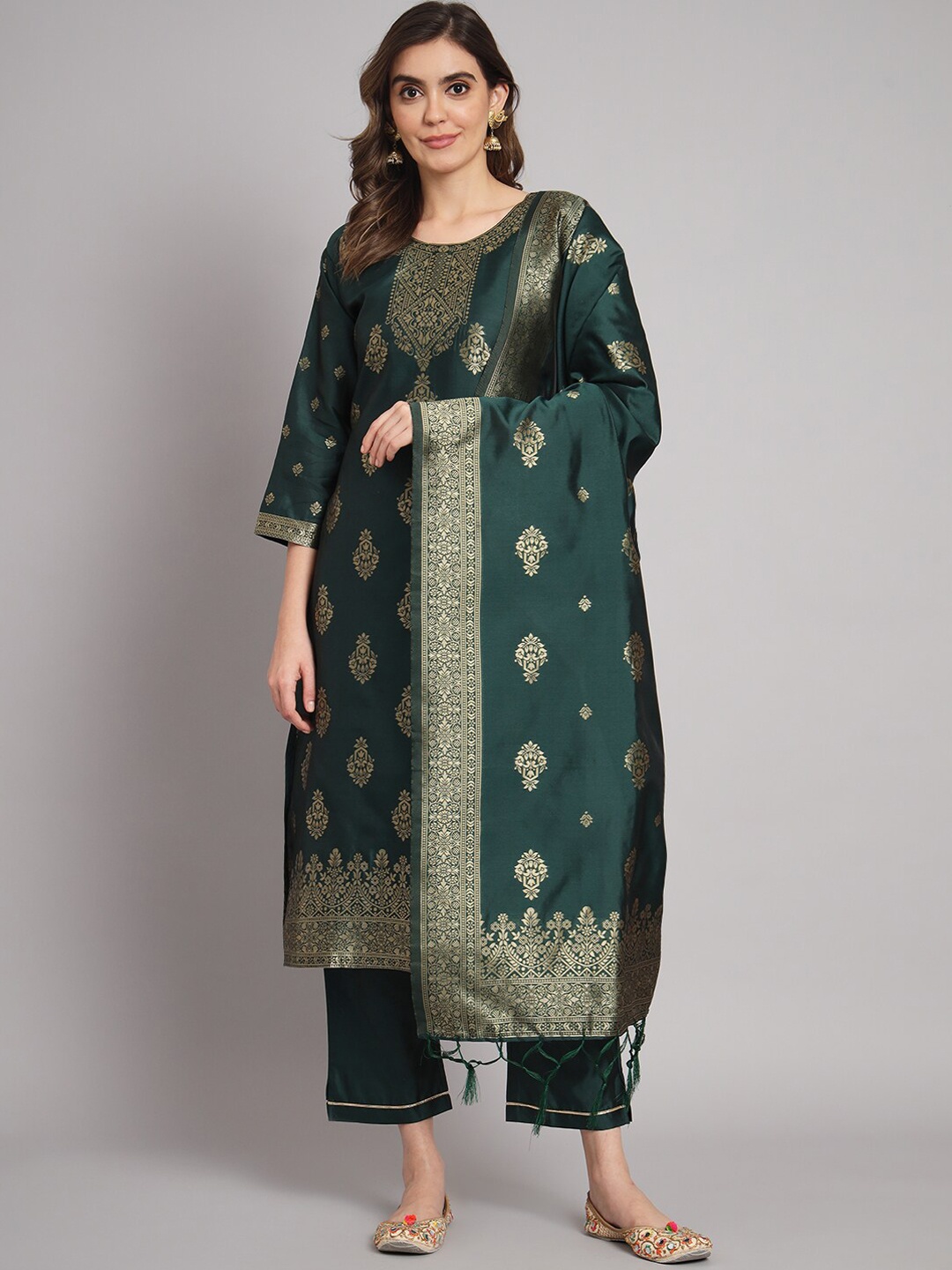 

KALINI Woven Design Straight Kurta with Trousers & Dupatta, Green
