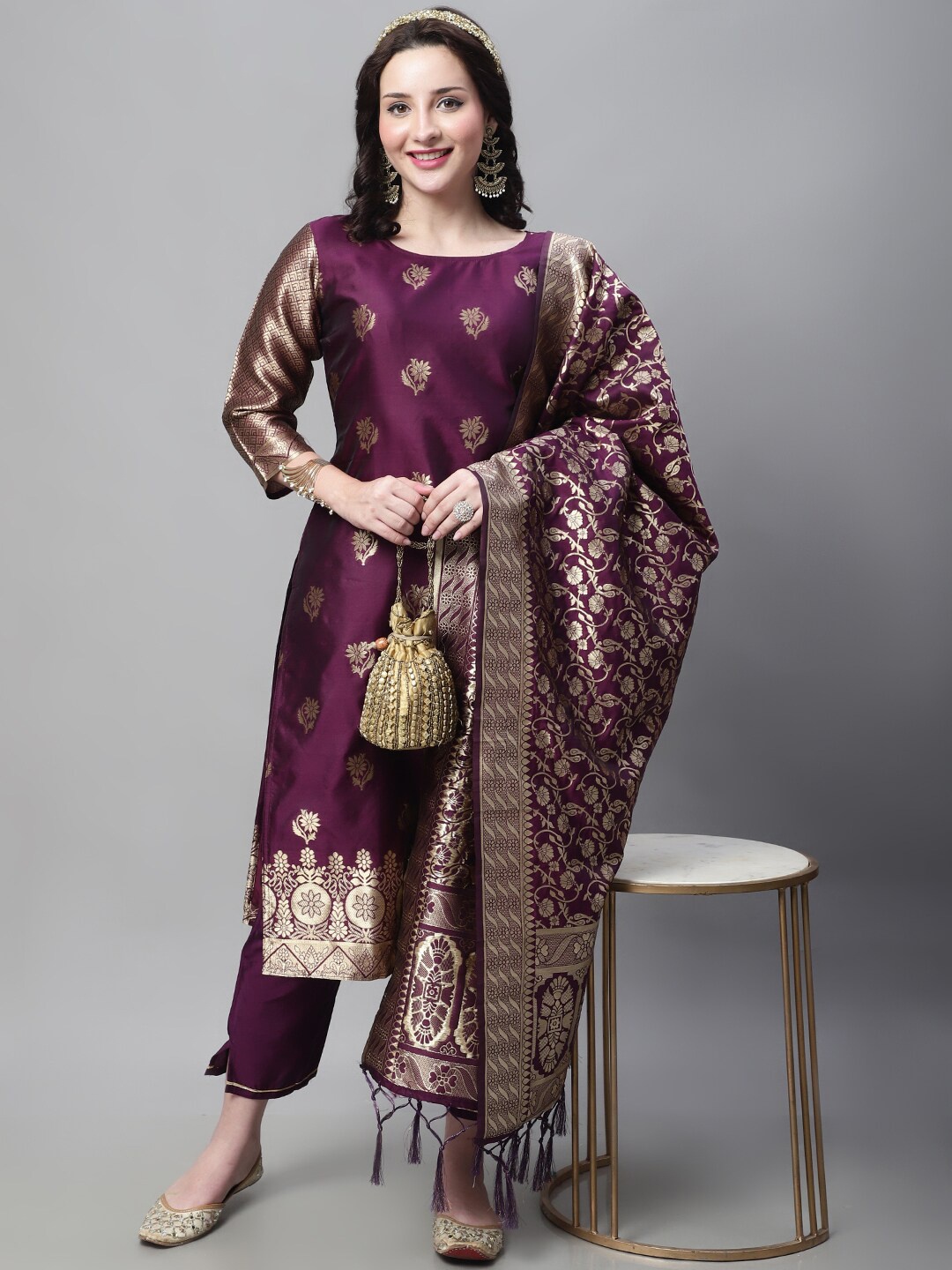 

KALINI Woven Design Straight Kurta With Trousers & Dupatta, Purple