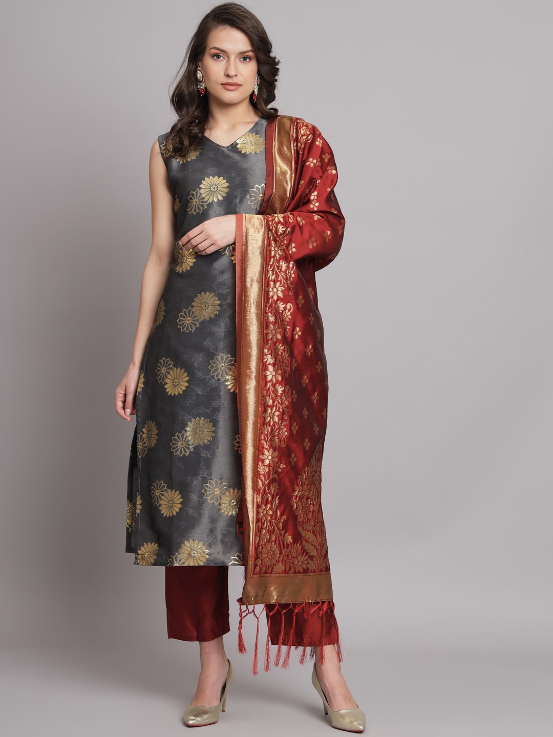 

KALINI Woven Design Sleeveless Kurta With Trousers & Dupatta, Grey