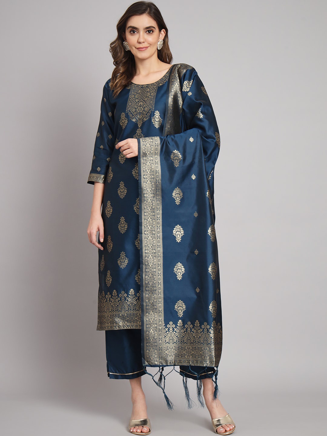 

KALINI Ethnic Woven Design Straight Kurta &Trousers With Dupatta, Blue