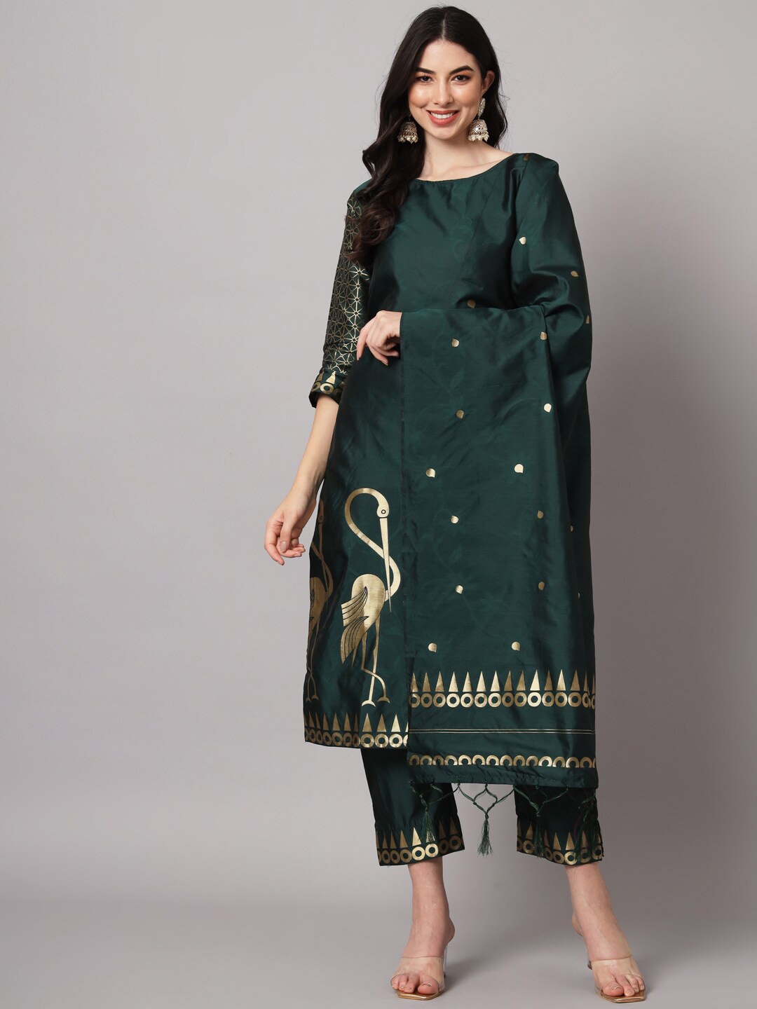 

KALINI Ethnic Woven Design Regular Straight Kurta & Trousers With Dupatta, Green