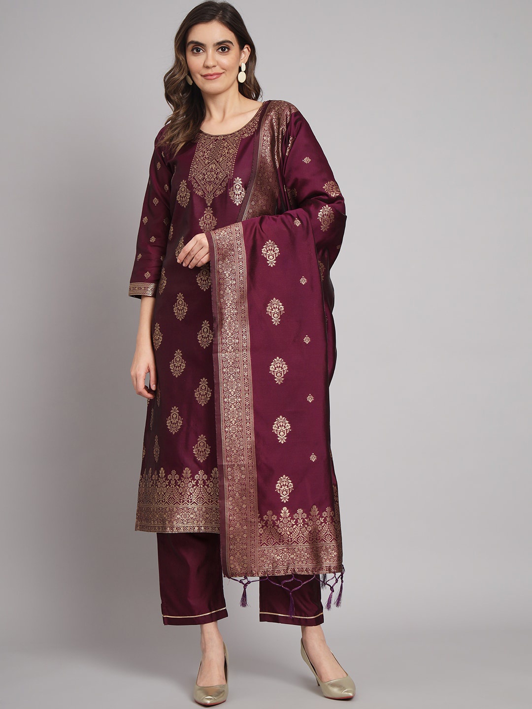 

KALINI Ethnic Woven Design Regular Straight Kurta & Trousers With Dupatta, Purple