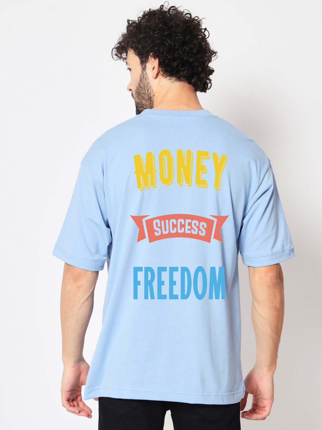 

Imsa Moda Typography Printed Drop-Shoulder Sleeves Cotton Oversized Longline T-shirt, Blue