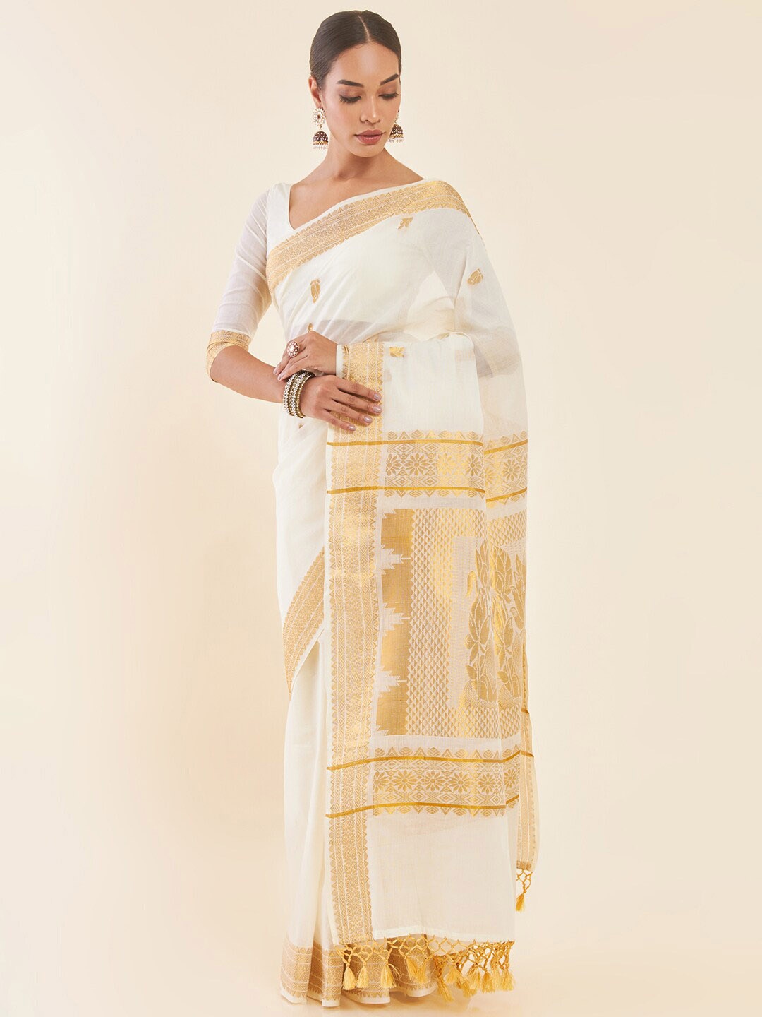 

Soch Off-White & Gold Woven Design Zari Pure Cotton Kasavu Saree