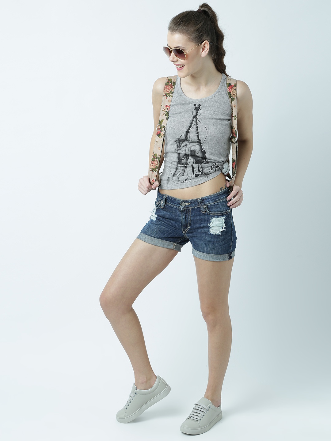 

Huetrap Women Grey Melange Printed Tank Top