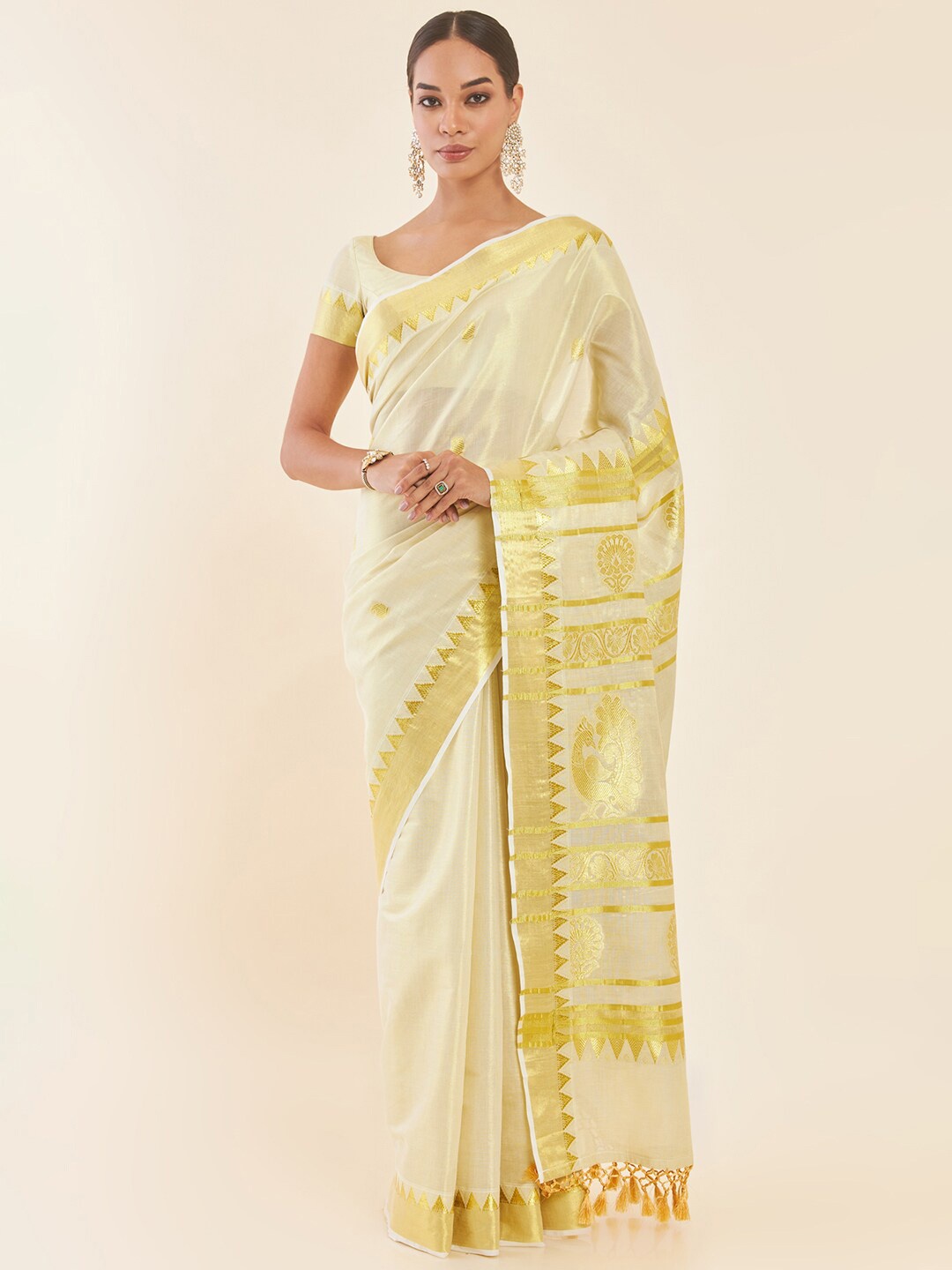 

Soch Off White Ethnic Motifs Woven Design Zari Zari Tissue Kasavu Saree