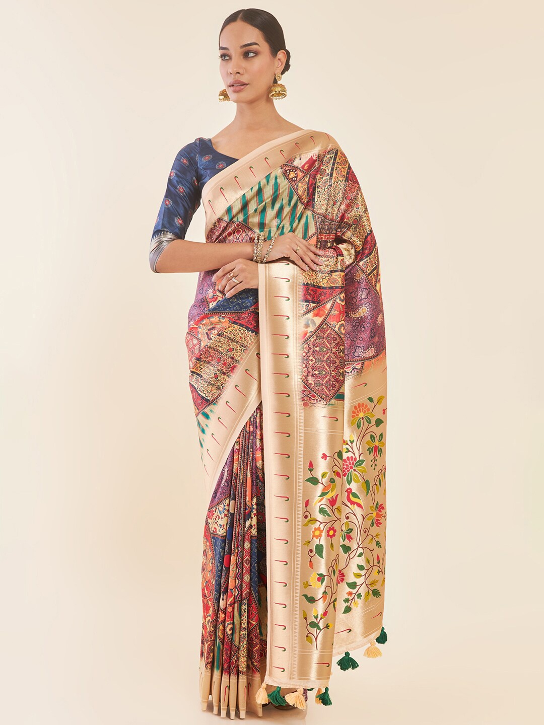 

Soch Blue & Beige Ethnic Printed Zari Tussar Saree