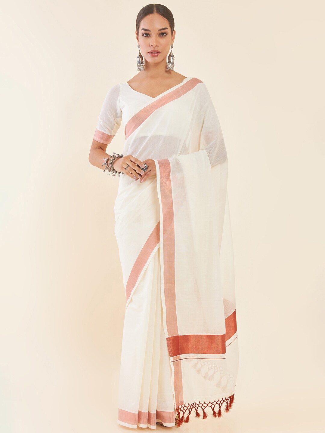 

Soch Off White Zari Pure Cotton Kasavu Saree