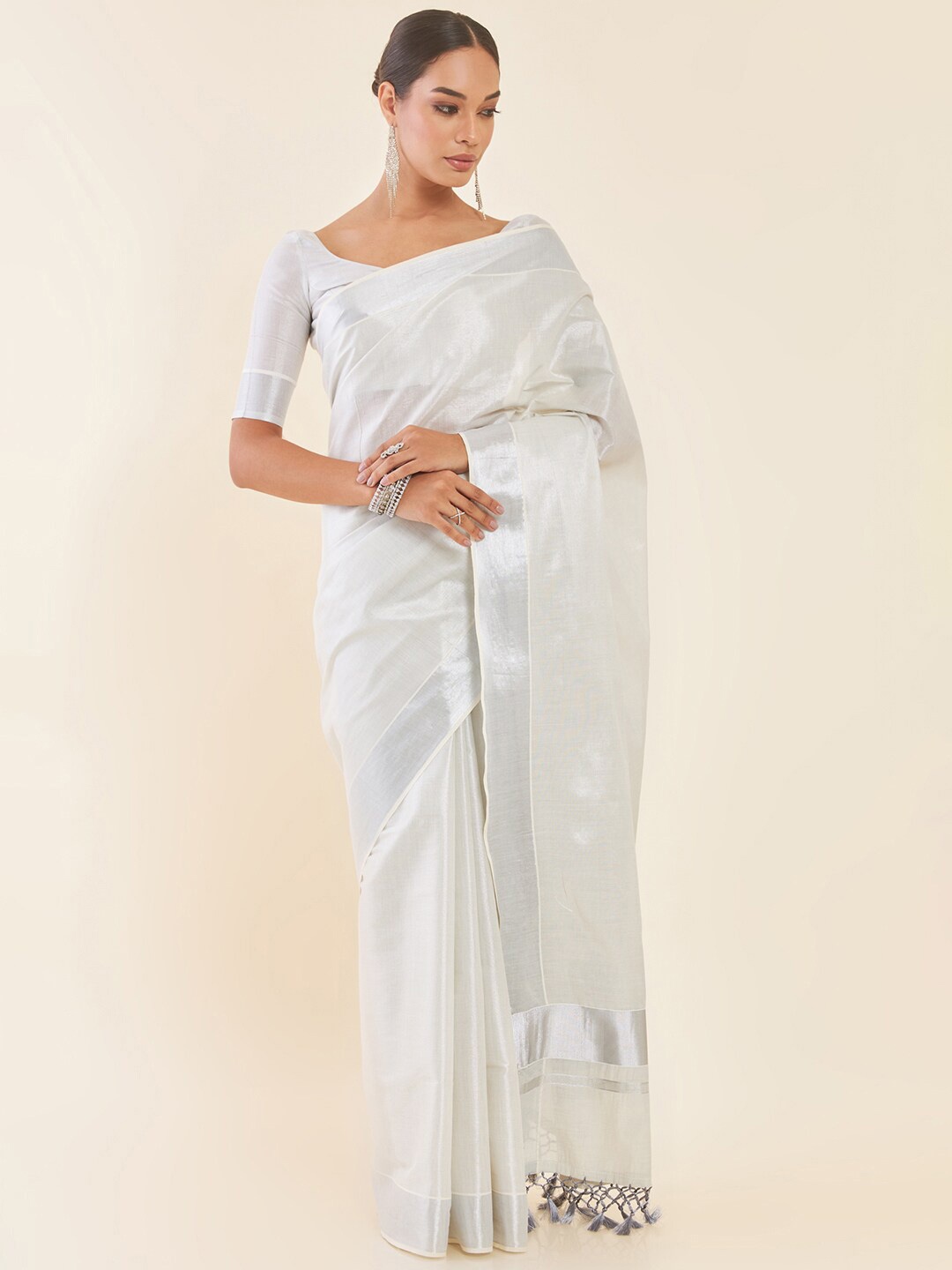 

Soch Off White Zari Tissue Kasavu Saree