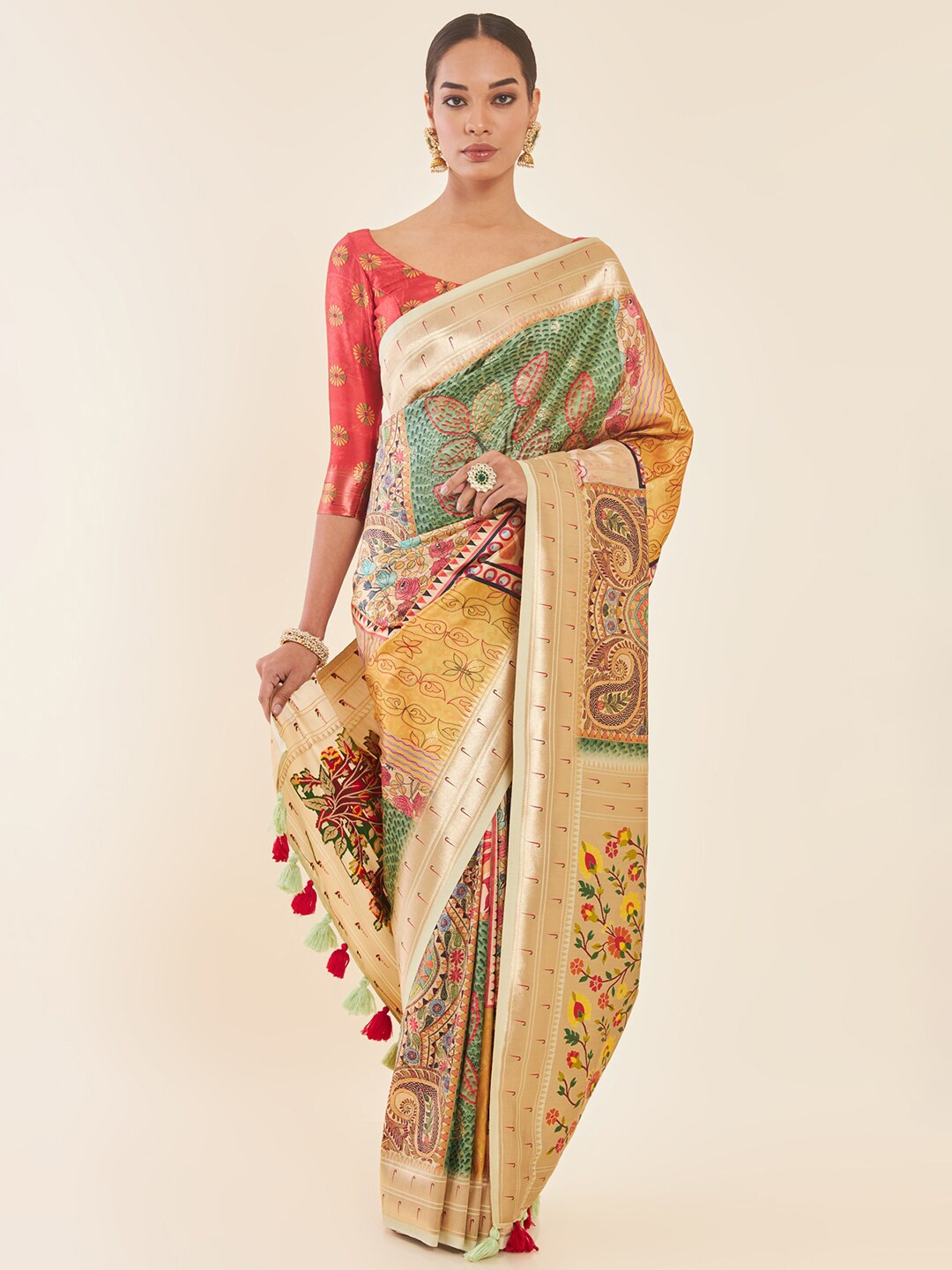 

Soch Beige Ethnic Motif Woven Design Zari Tussar Saree