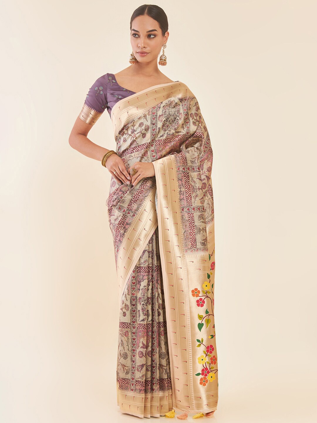 

Soch Beige & Pink Floral Printed Zari Silk Blend Saree