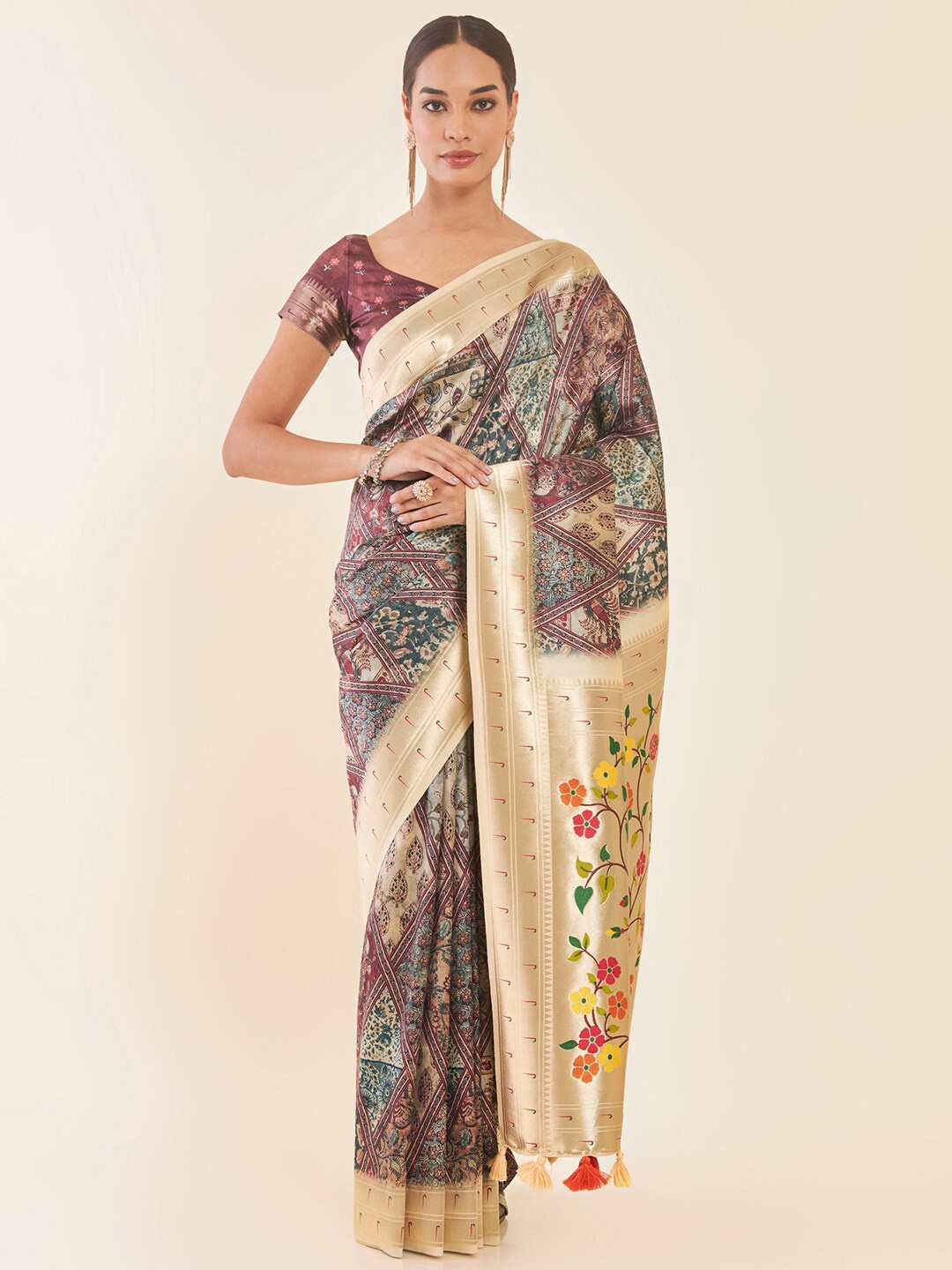 

Soch Ethnic Motifs Printed Zari Tussar Saree, Burgundy