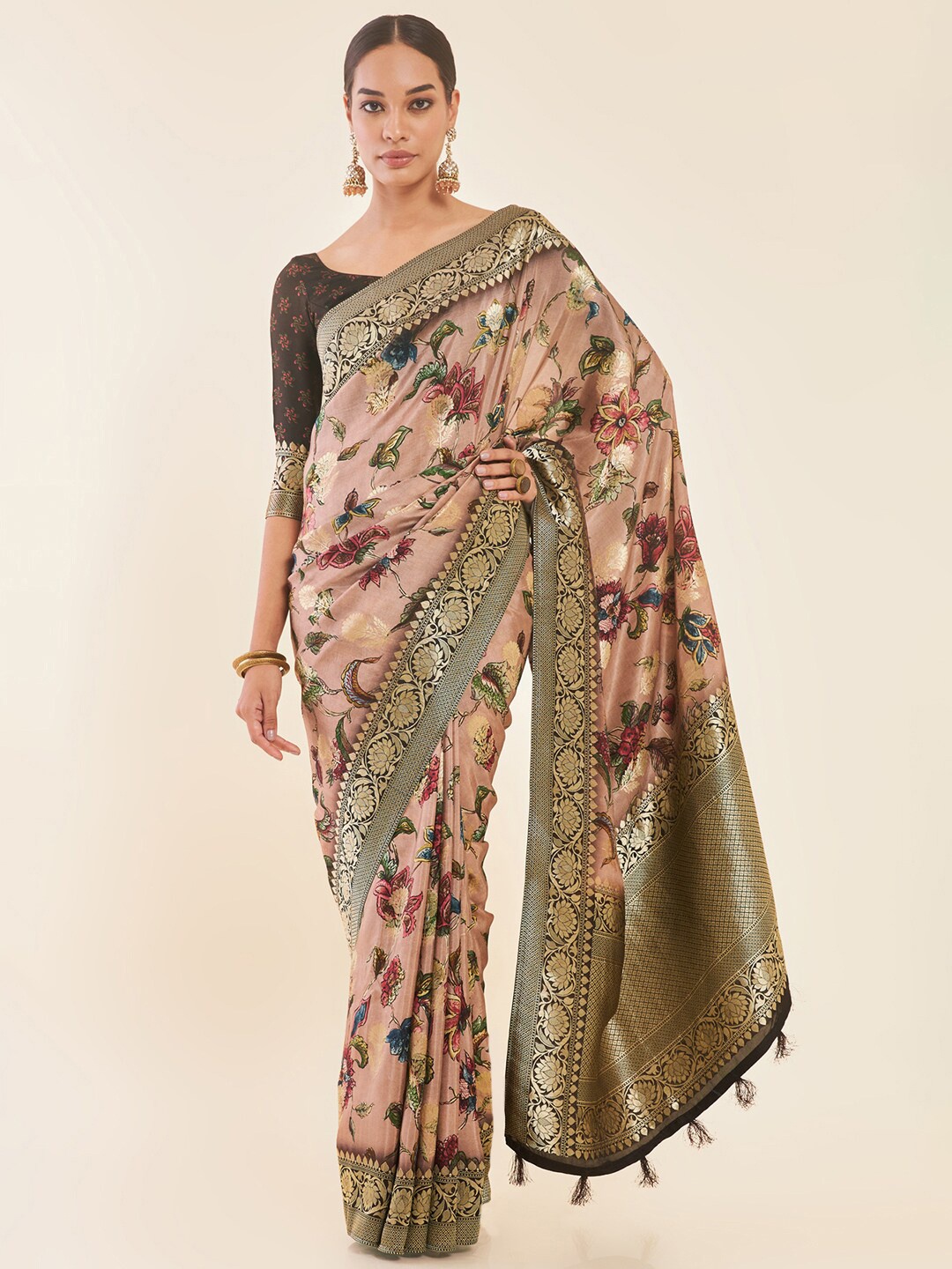 

Soch Peach Brown Floral Printed Zari Tussar Saree