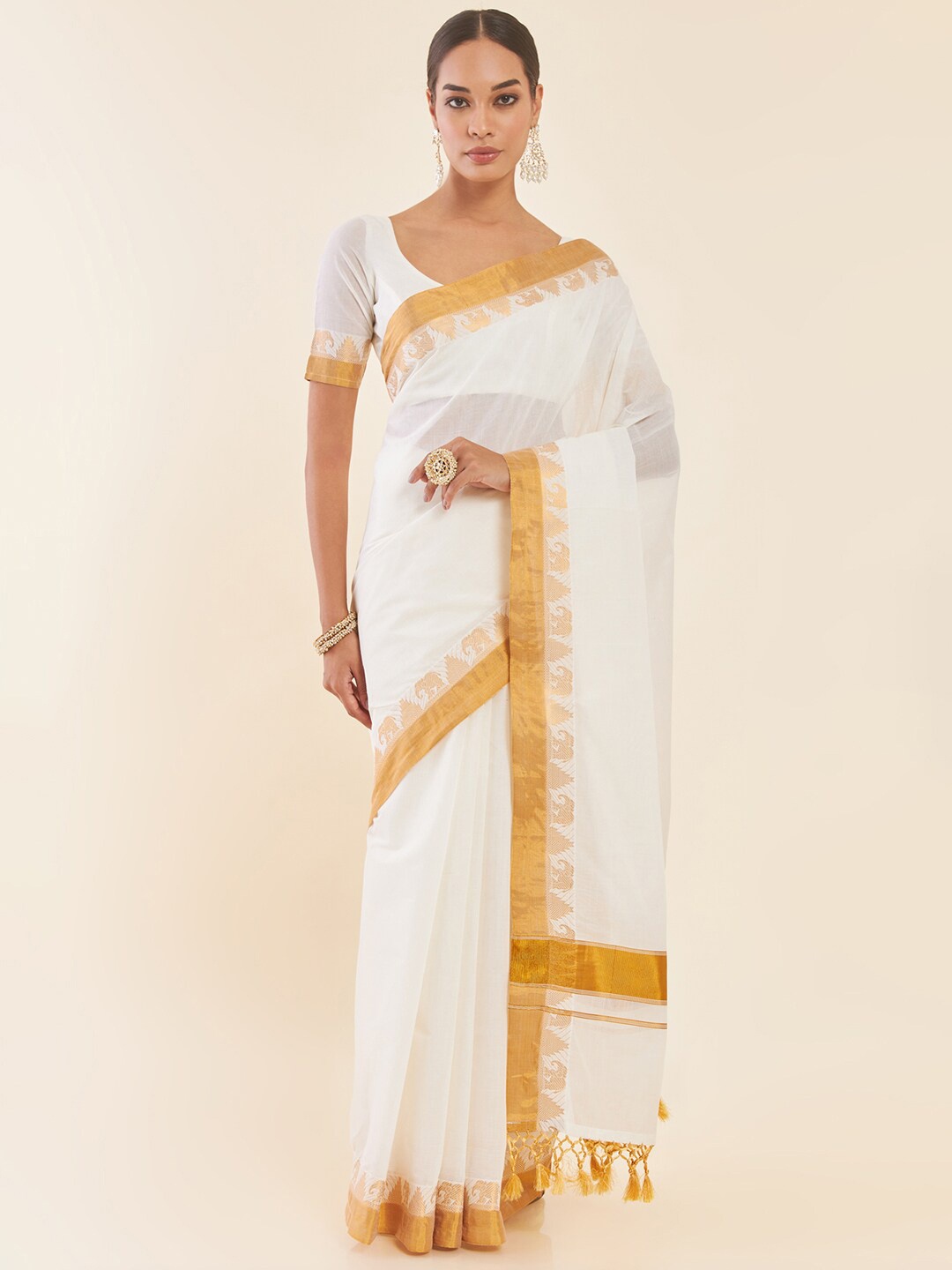

Soch White Zari Pure Cotton Kasavu Saree