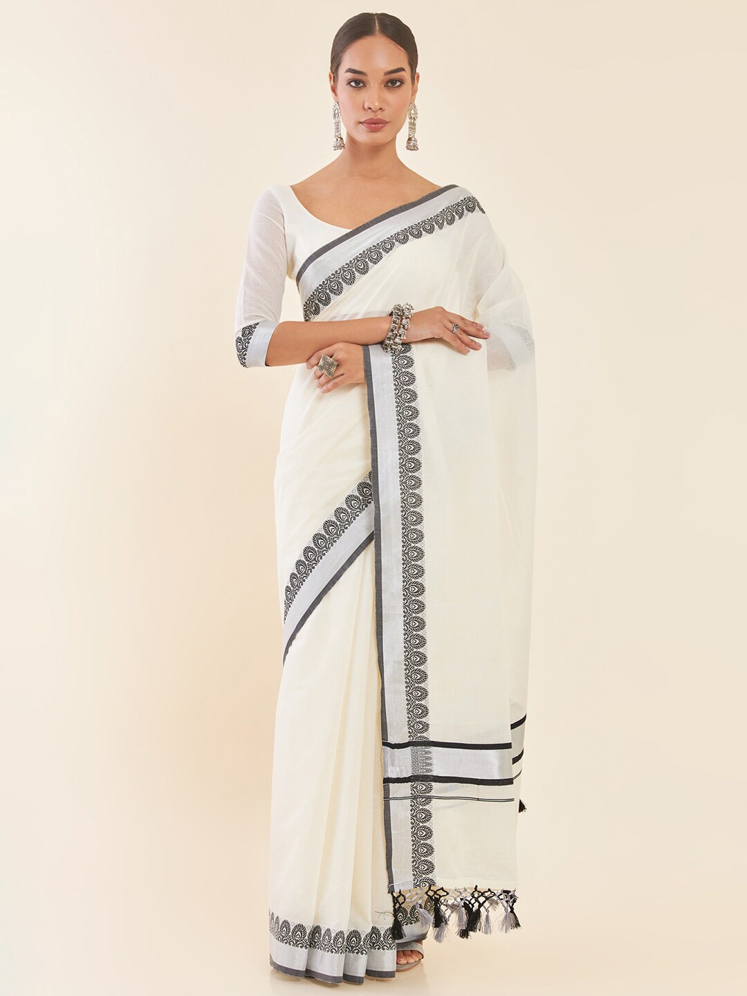 

Soch Off White Zari Pure Cotton Kasavu Saree
