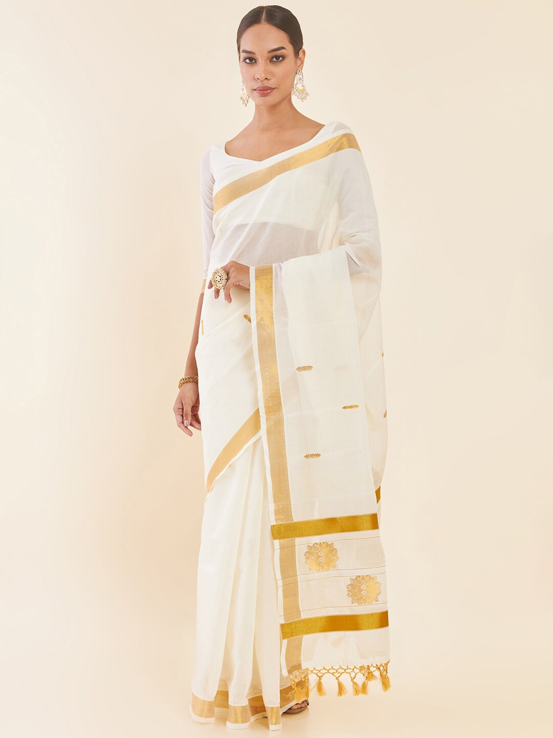 

Soch Off White & Gold Ethnic Motifs Zari Pure Cotton Kasavu Saree