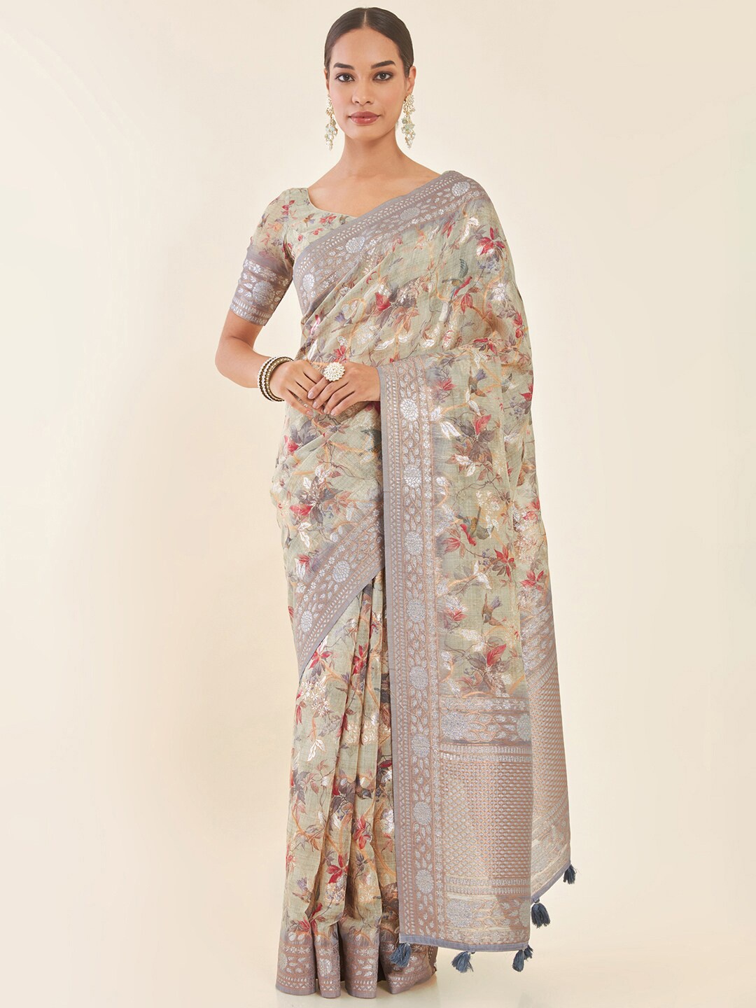 

Soch Floral Printed Zari Tussar Saree, Beige