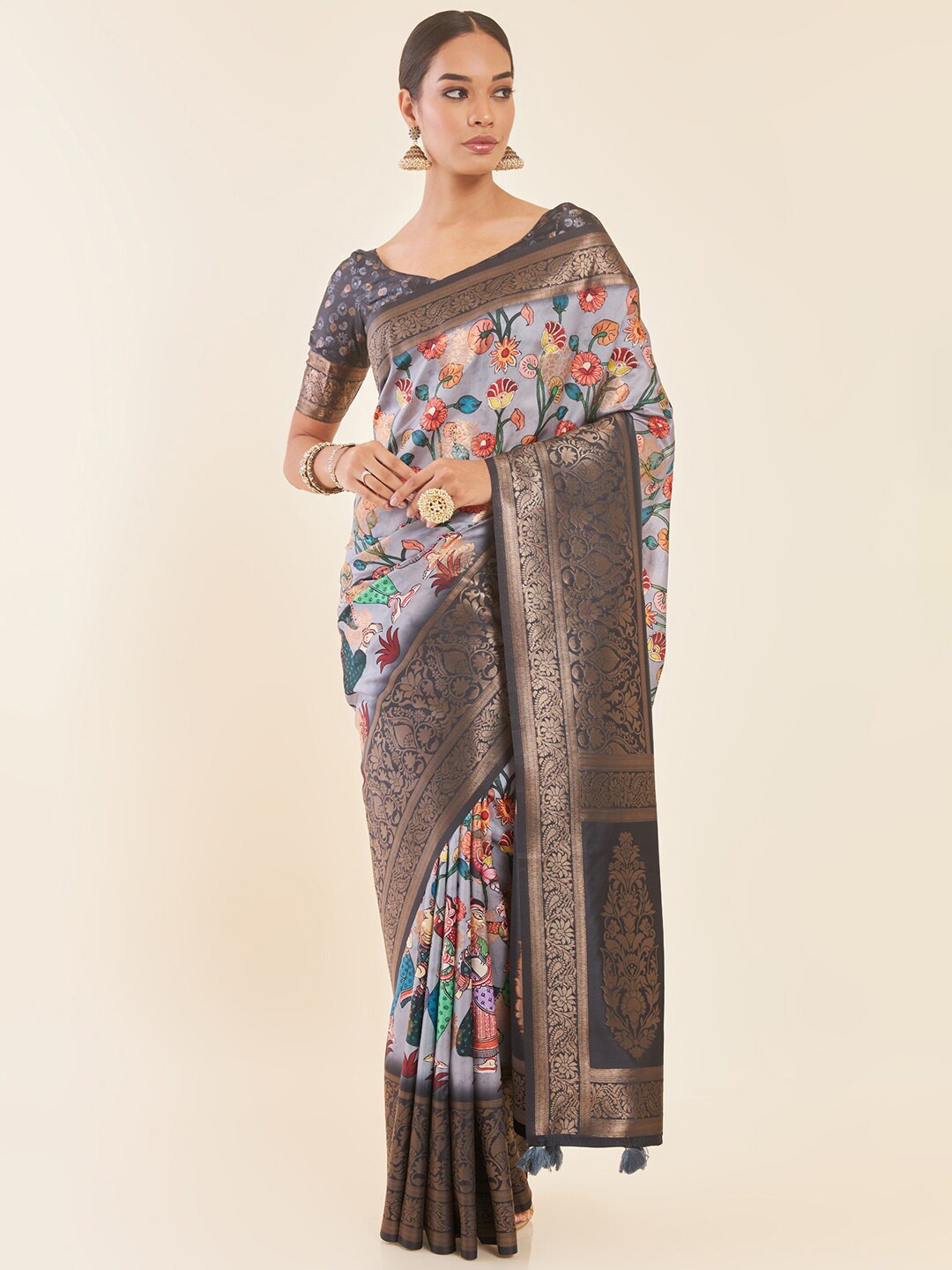 

Soch Grey Floral Printed Zari Tussar Saree