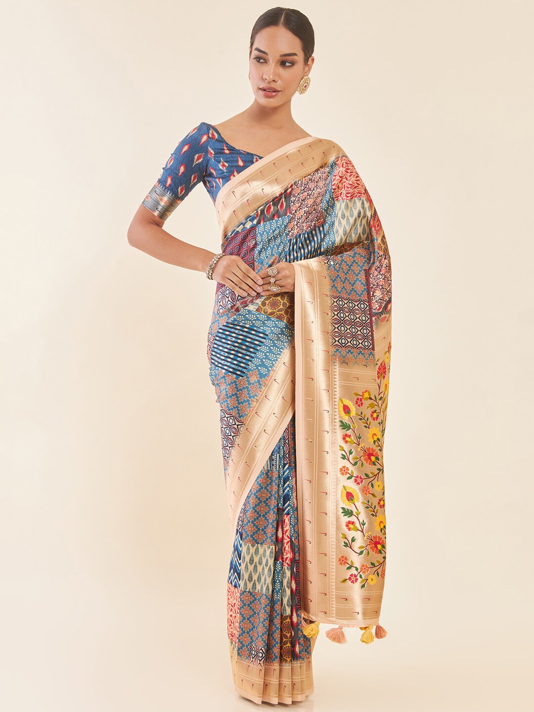 

Soch Blue & Beige Ethnic Motifs Printed Zari Tussar Saree