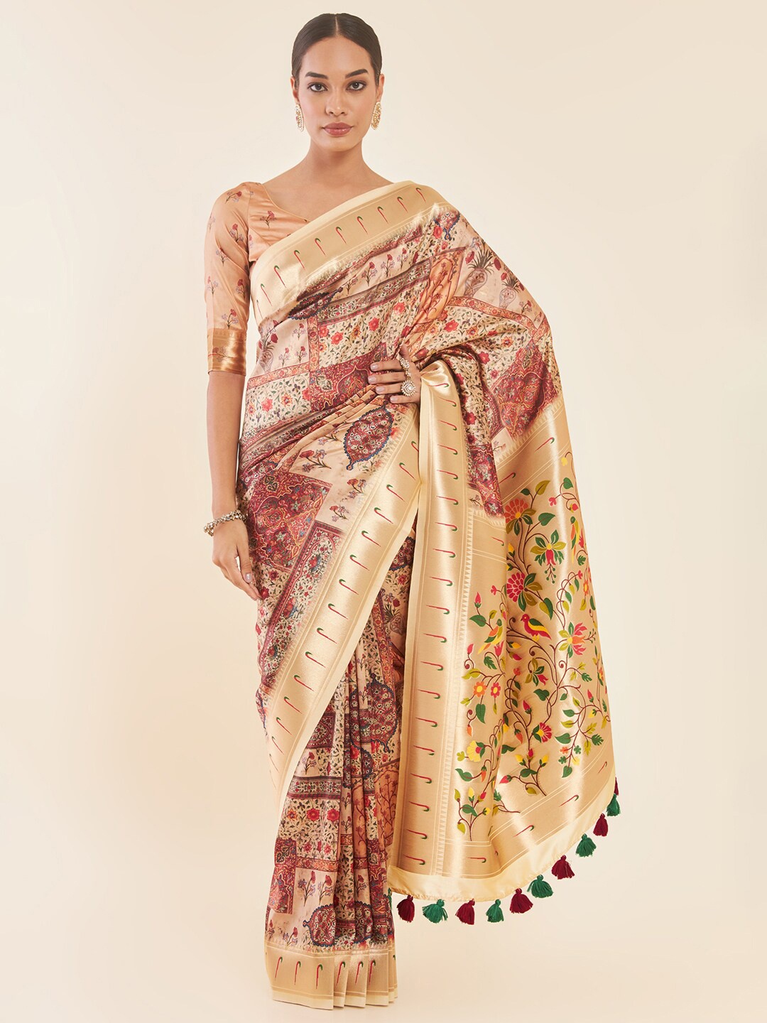 

Soch Peach-Color & Gold-Toned Floral Printed Zari Tussar Saree