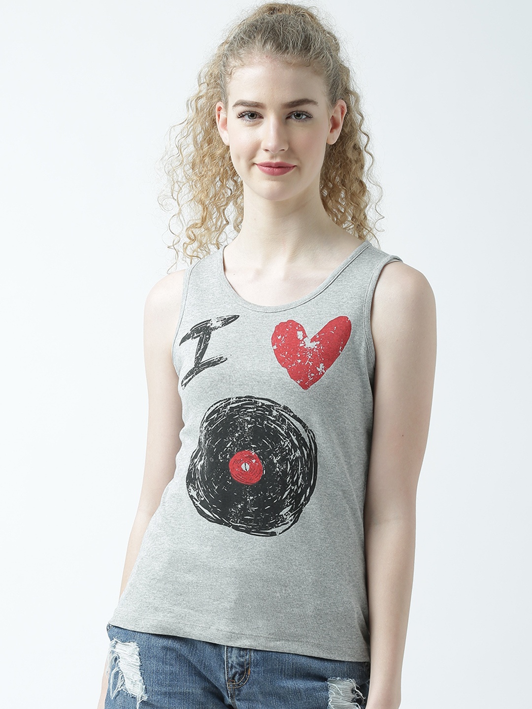 

Huetrap Women Grey Melange Printed Tank Top