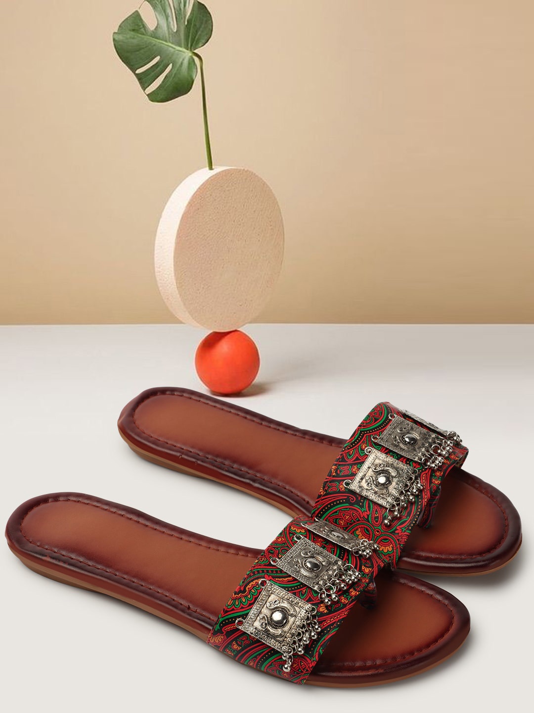 

FASHIMO Printed Embellished Open Toe Flats, Tan