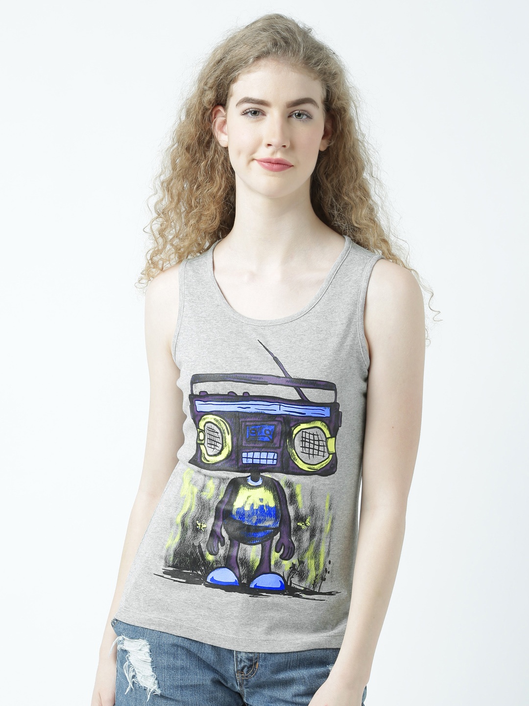 

Huetrap Women Grey Melange Printed Tank Top