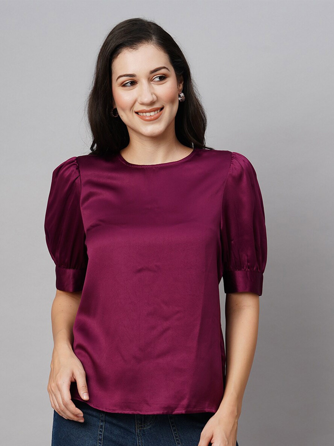 

Chemistry Round Neck Puff Sleeve Satin Top, Purple