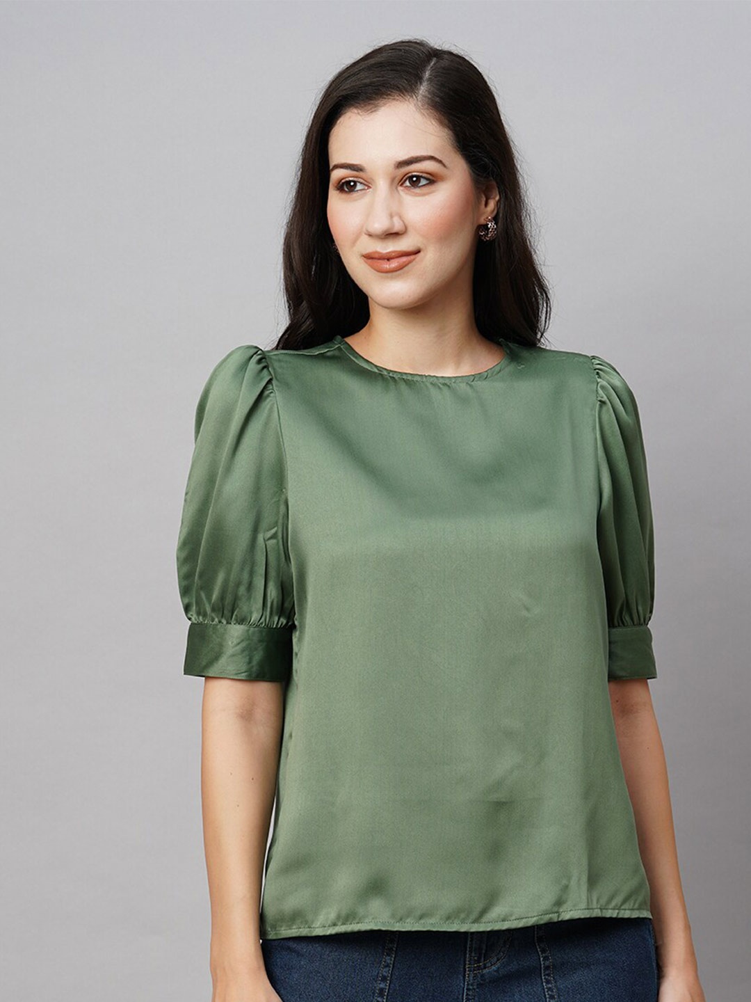 

Chemistry Round Neck Puff Sleeve Satin Top, Green