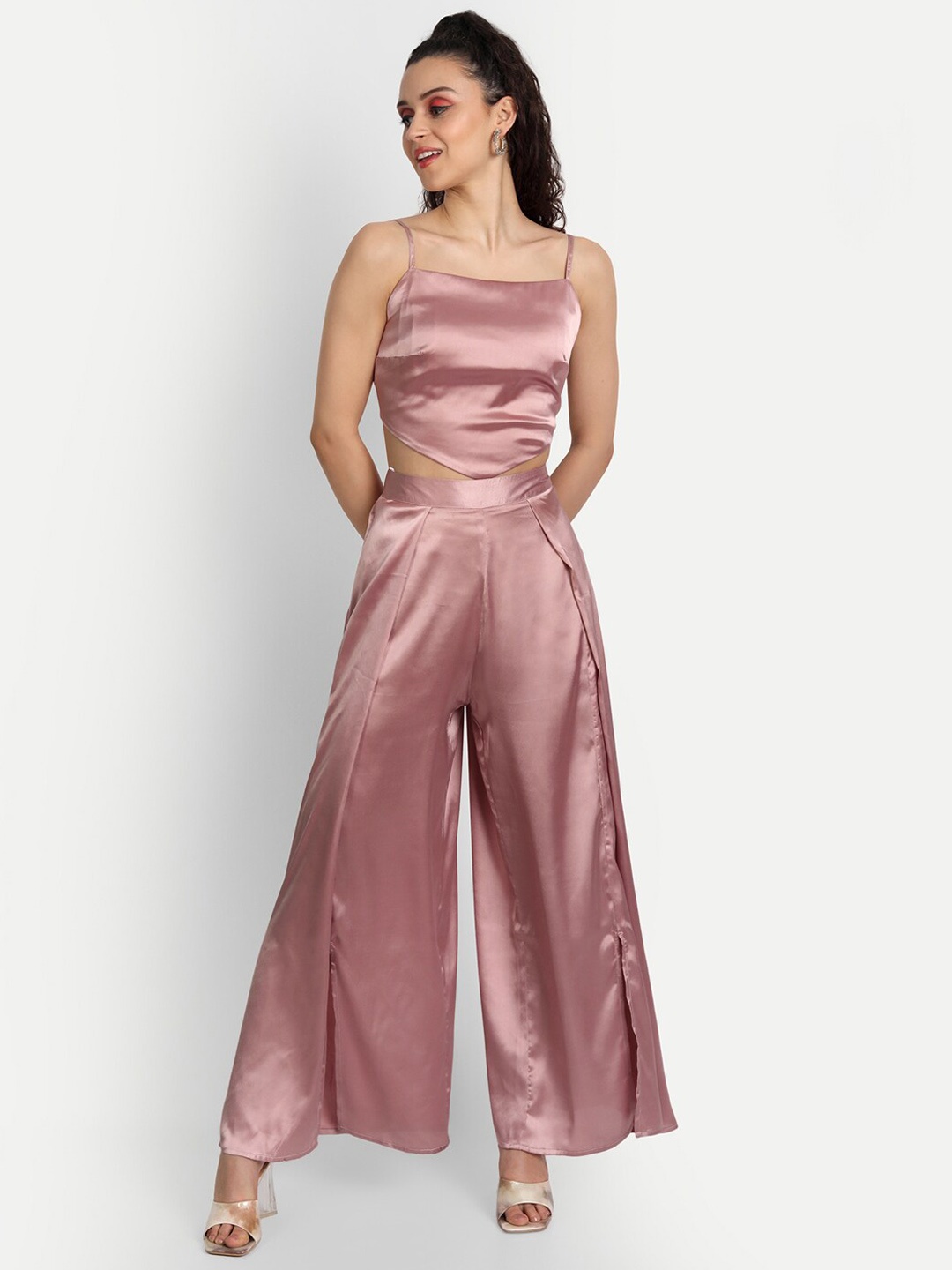 

ESSQUE Shoulder Straps Satin Top With Palazzos, Pink