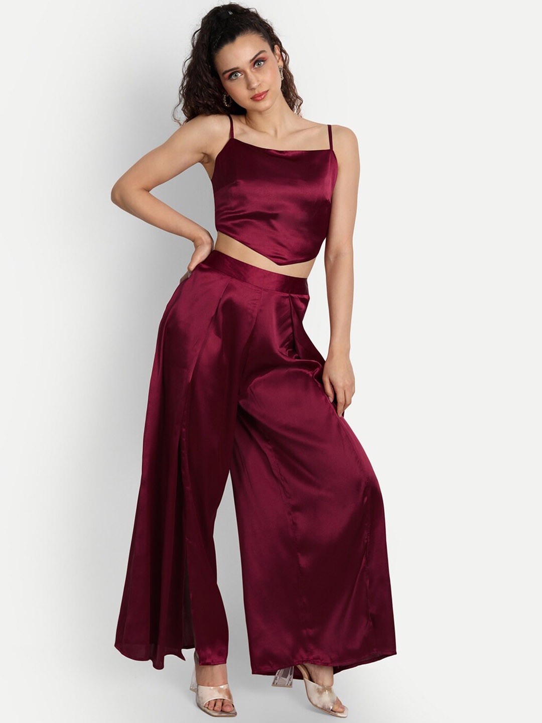 

ESSQUE Satin Finish Top With Palazzo Co-Ords, Maroon