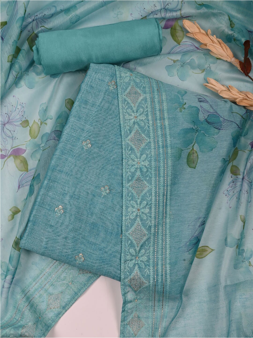 

Meena Bazaar Embroidered Art Silk Unstitched Dress Material, Blue