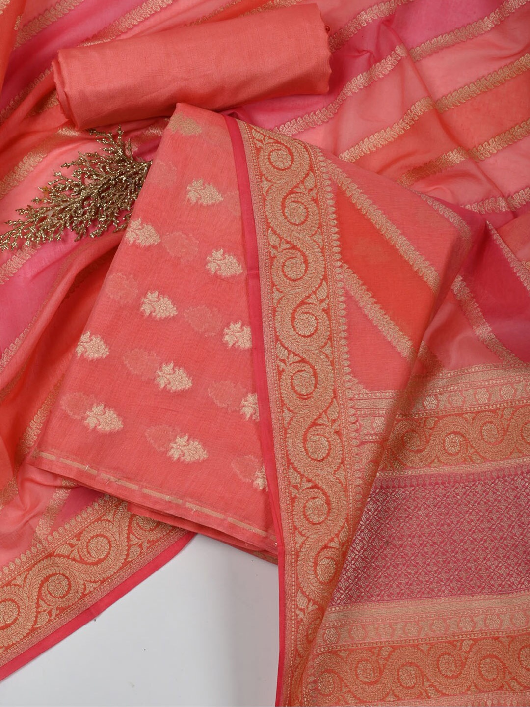 

Meena Bazaar Woven Design Art Silk Unstitched Dress Material, Coral
