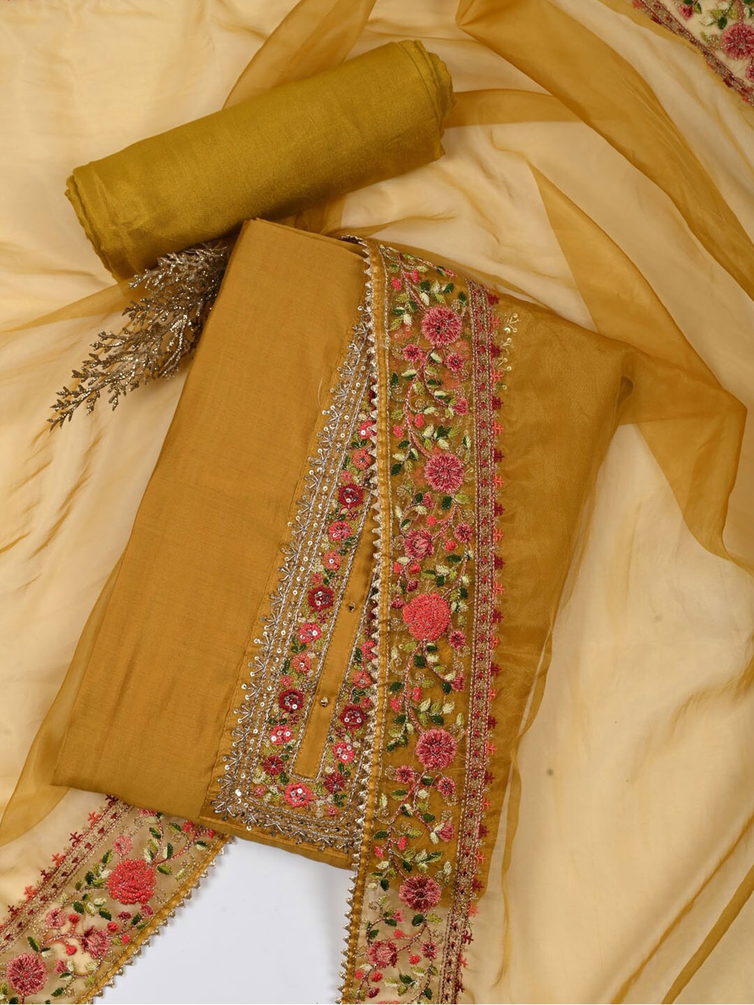 

Meena Bazaar Floral Embroidered Unstitched Dress Material, Mustard