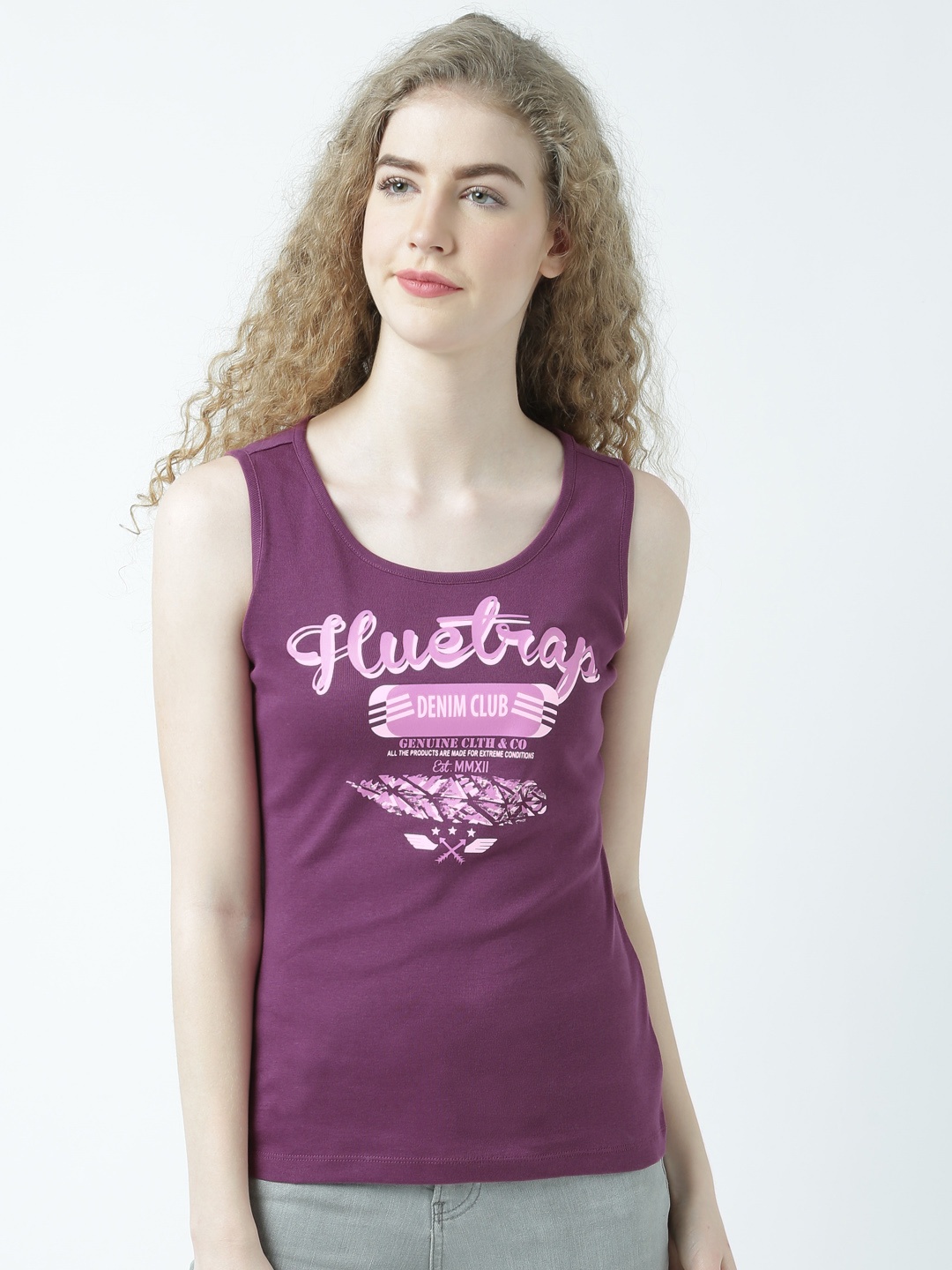 

Huetrap Women Purple Printed Tank Pure Cotton Top