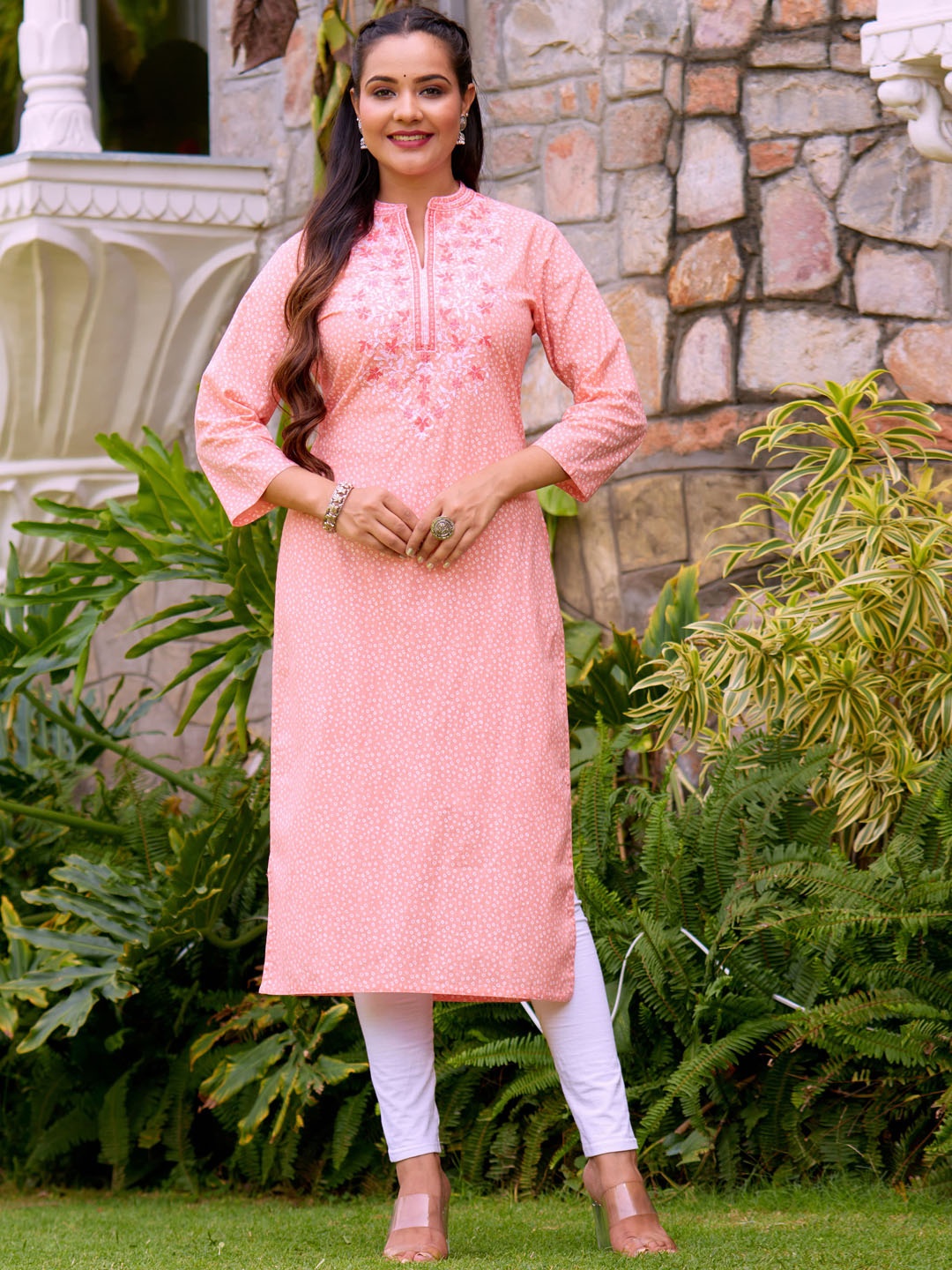 

Ramas Floral Yoke Design Pure Cotton Straight Kurta, Peach