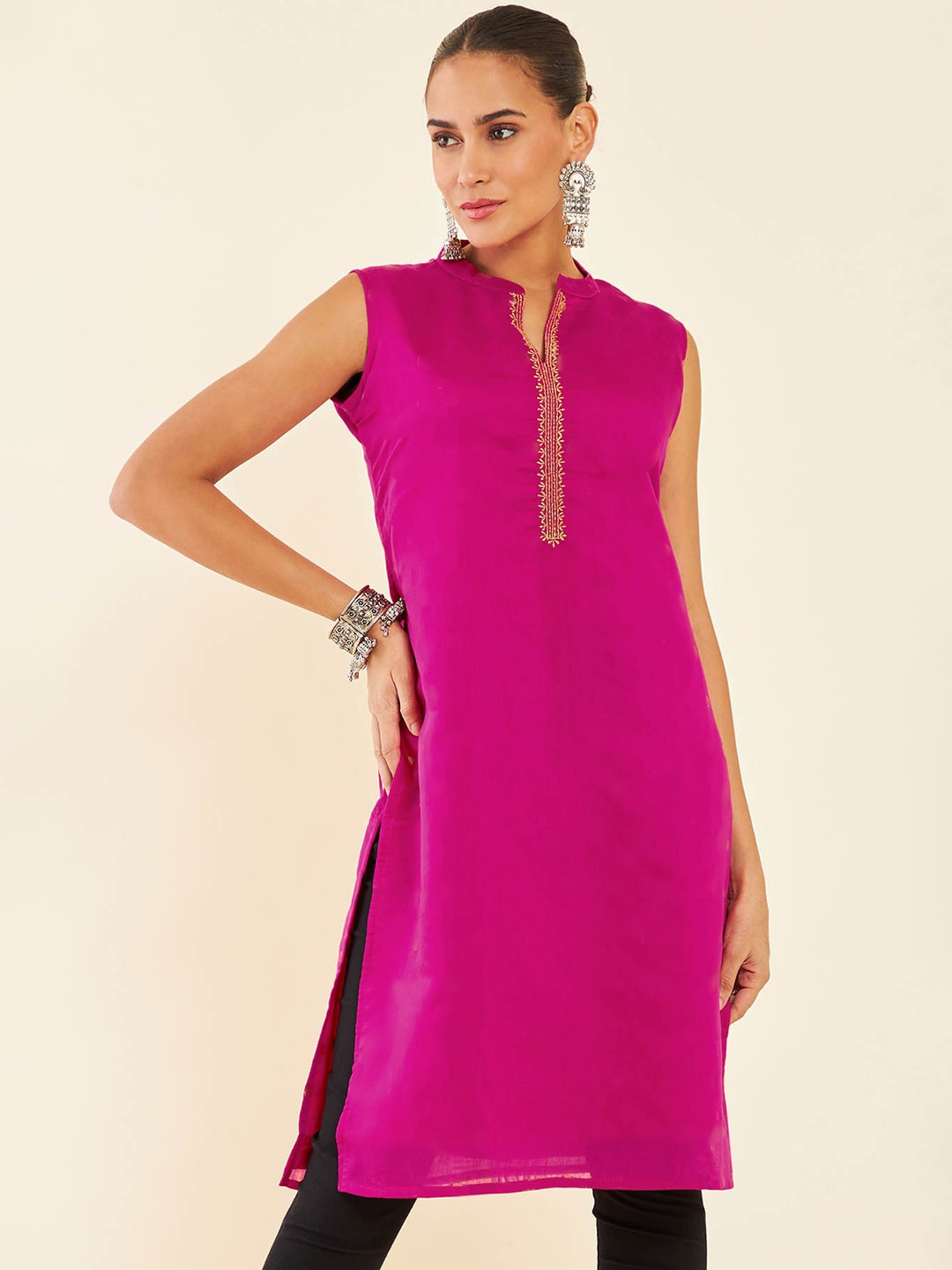 

Soch Fuchsia Mandarin Collar Chanderi Cotton Straight Kurta