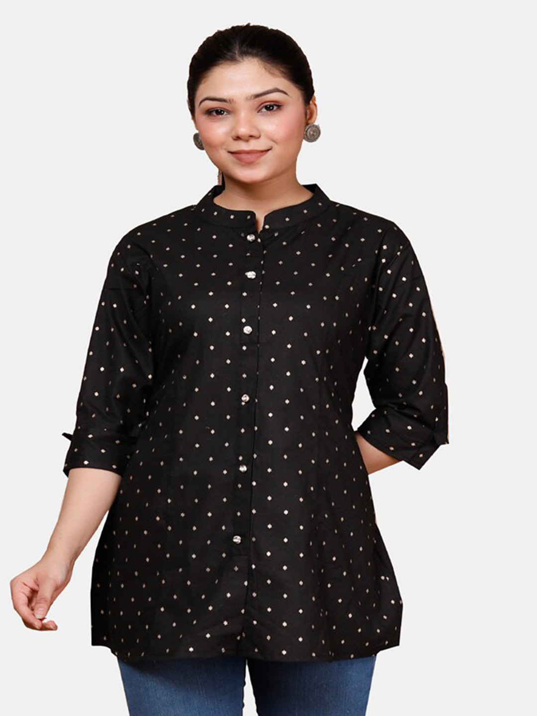 

KALINI Geometric Printed Mandarin Collar Cotton Shirt Style Top, Black