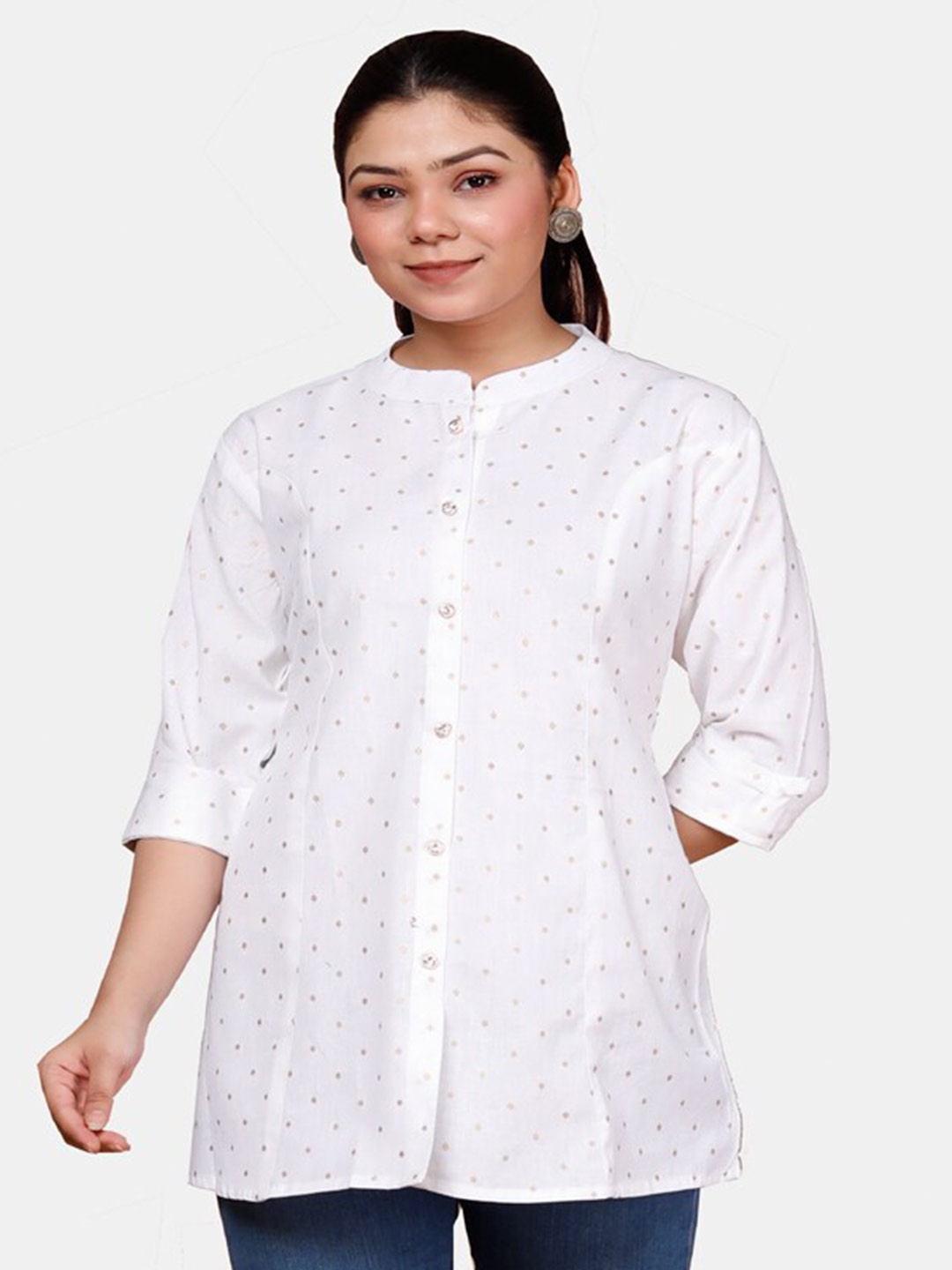 

KALINI Geometric Printed Mandarin Collar Cotton Shirt Style Top, White