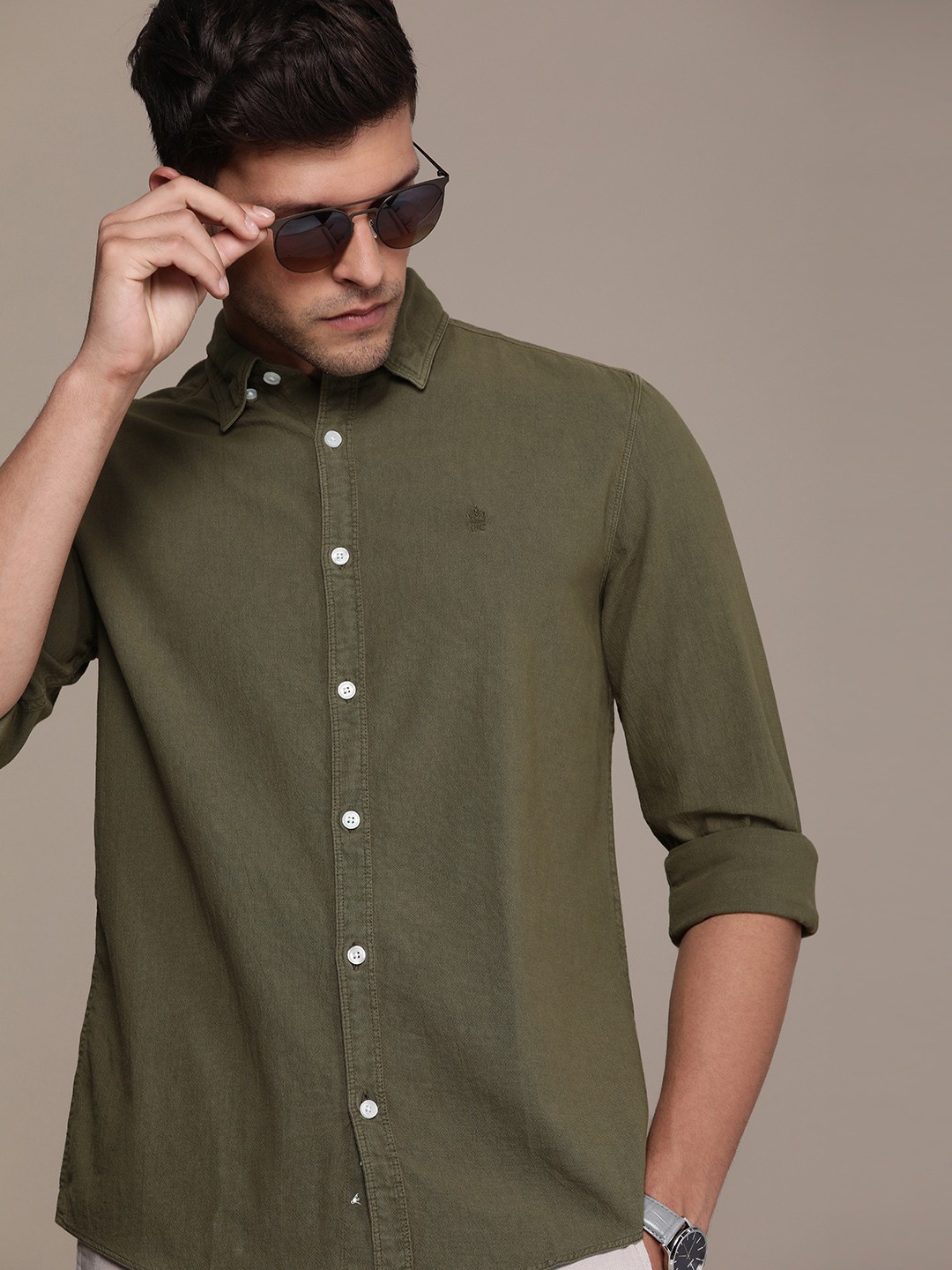 

French Connection Men Pure Cotton Slim Fit Casual Shirt, Olive