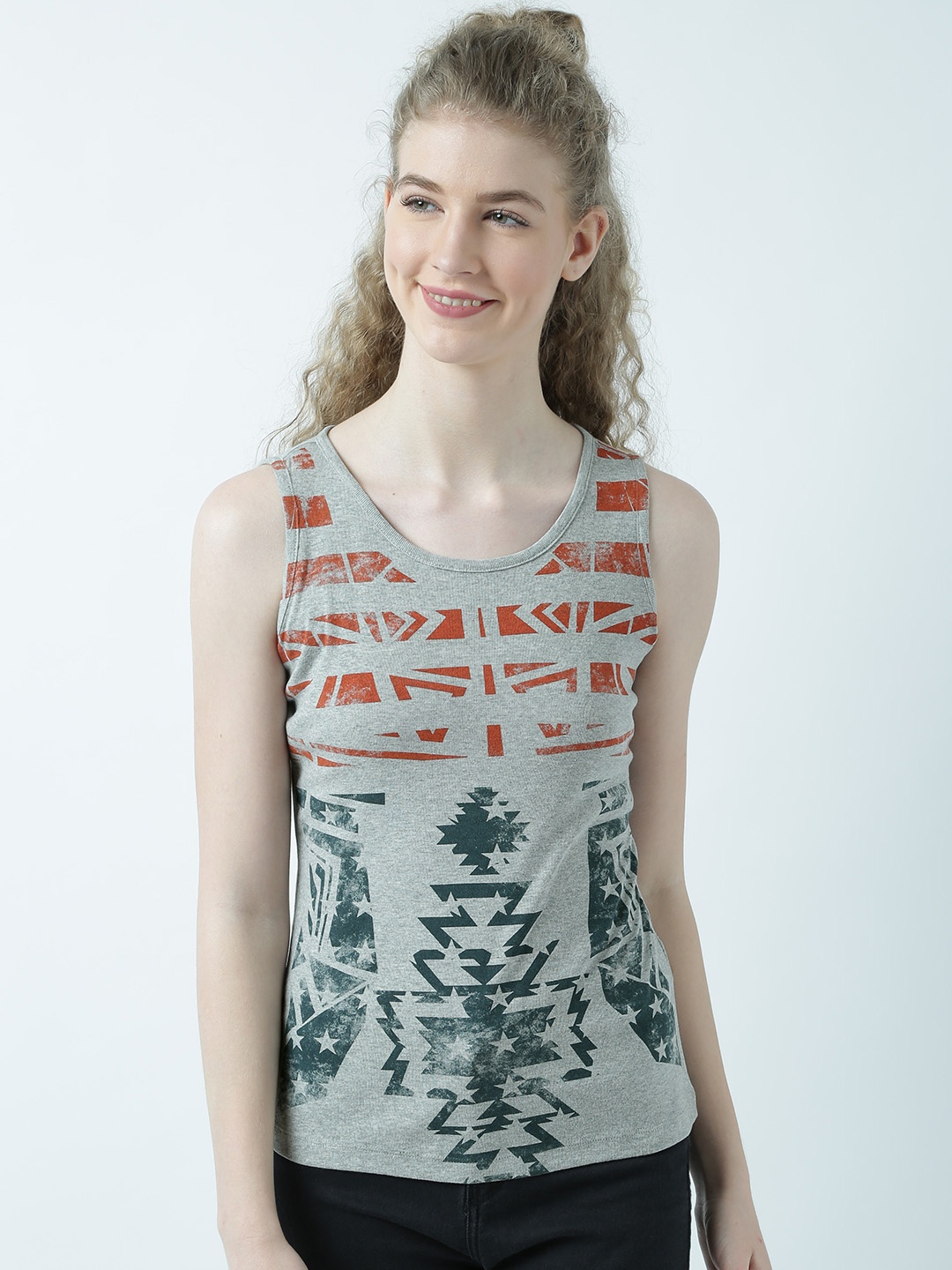 

Huetrap Women Grey Melange Printed Tank Top