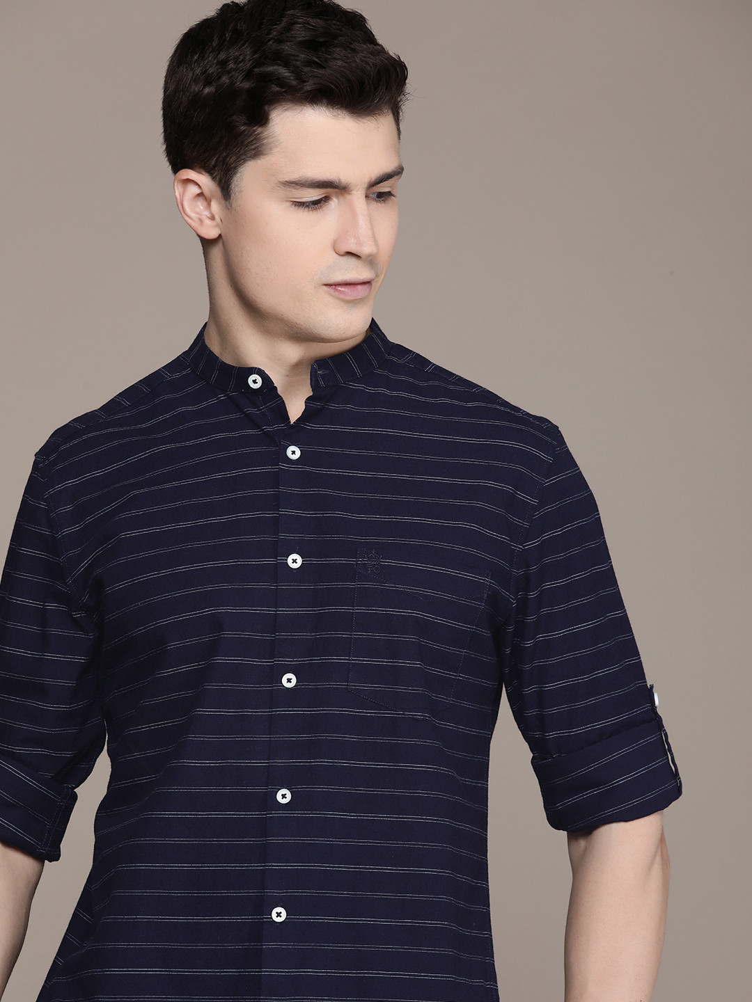 

French Connection Slim Fit Horizontal Stripes Opaque Pure Cotton Casual Shirt, Navy blue