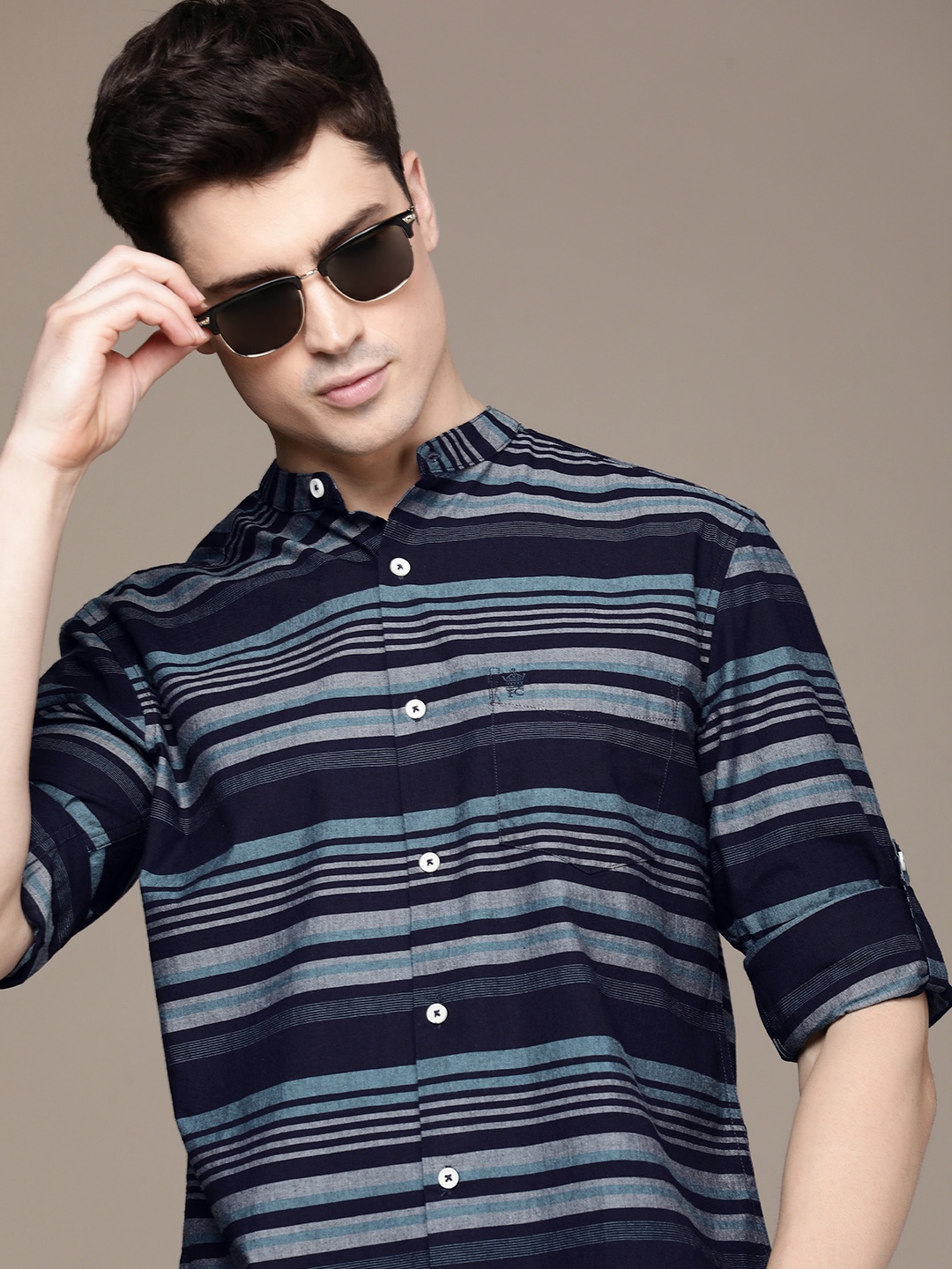 

French Connection Slim Fit Multi Striped Pure Cotton Casual Shirt, Navy blue