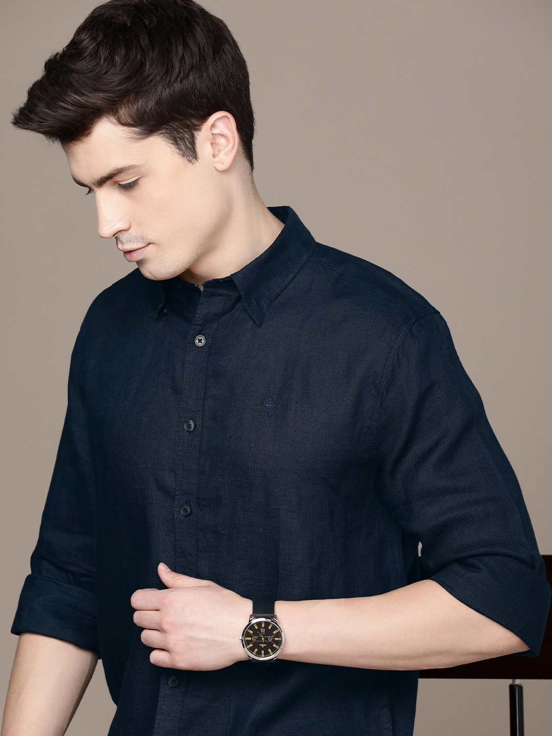

French Connection Solid Slim Fit Pure Linen Casual Shirt, Navy blue