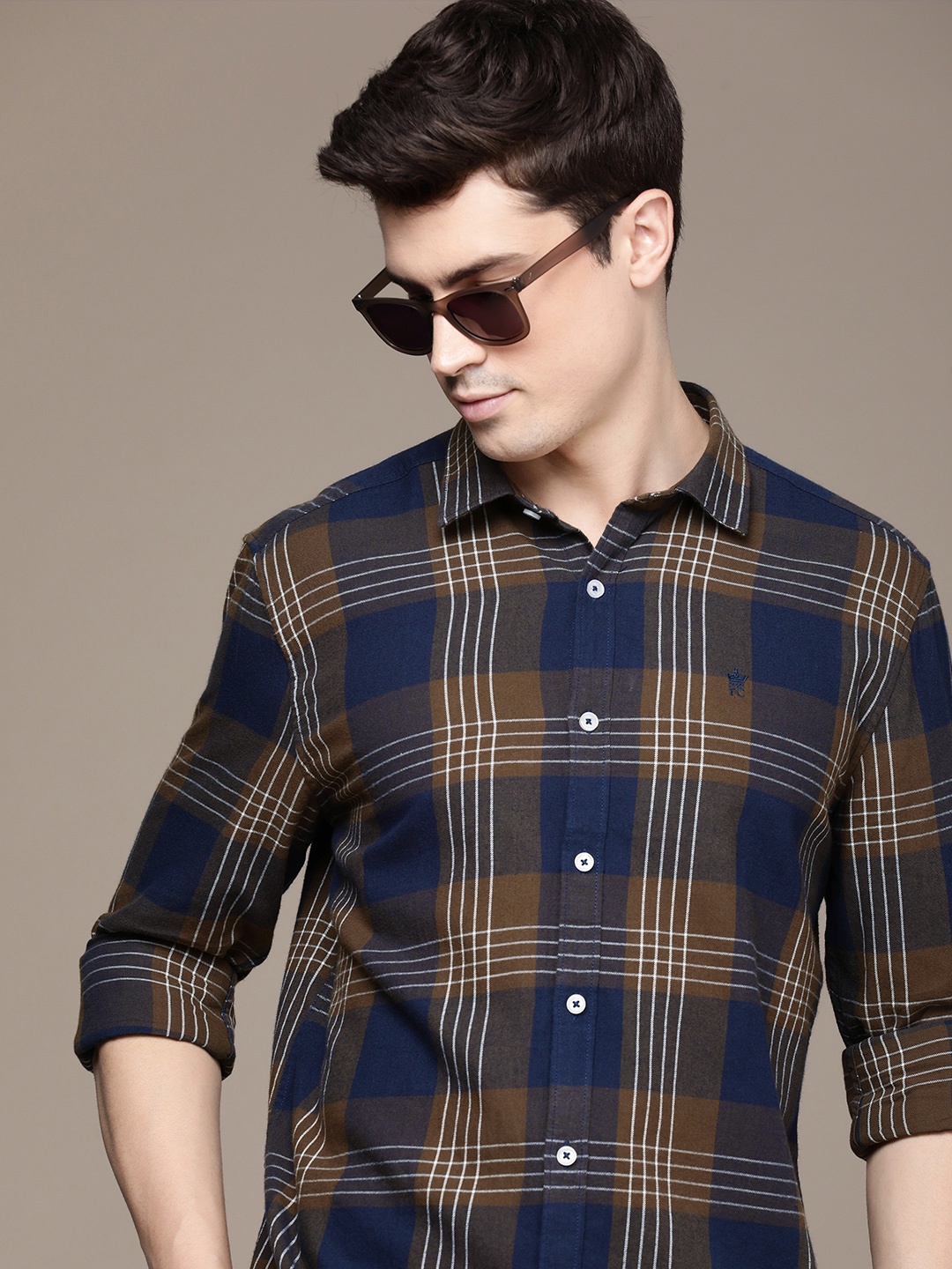 

French Connection Slim Fit Checked Pure Cotton Casual Shirt, Navy blue