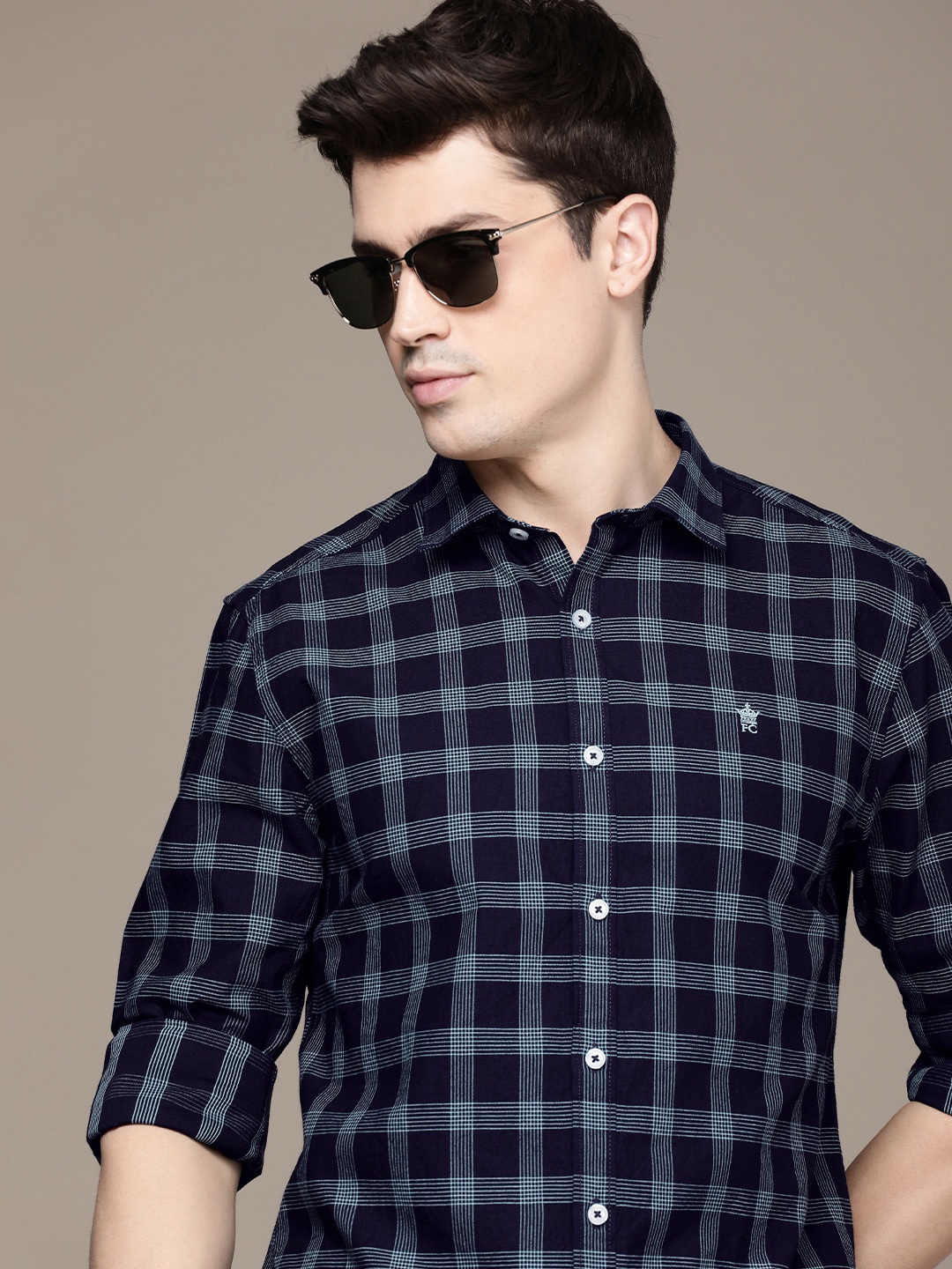 

French Connection Slim Fit Checked Pure Cotton Casual Shirt, Navy blue