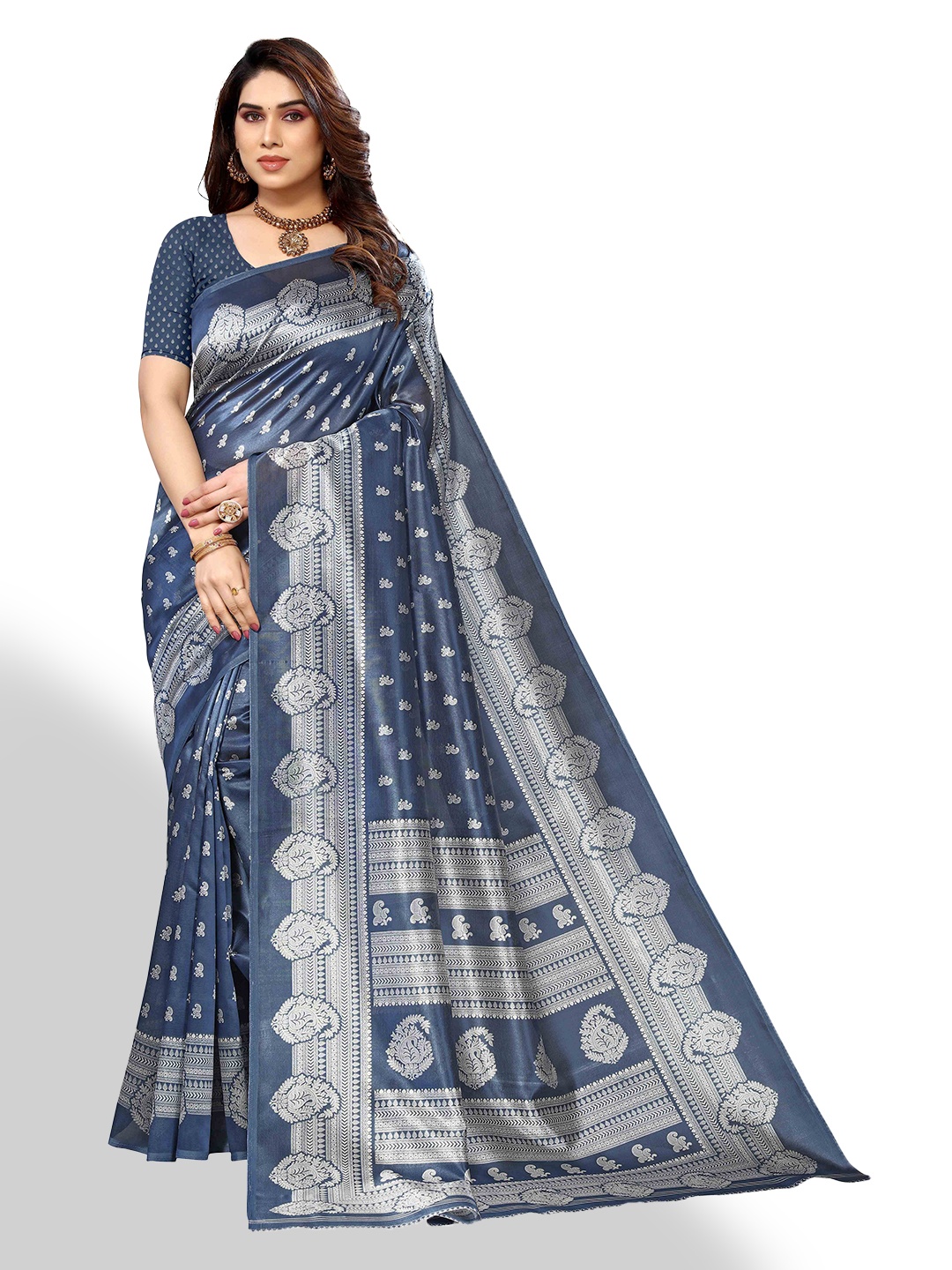 

AADVIKA Ethnic Motifs Woven Design Zari Silk Blend Kanjeevaram Saree, Beige